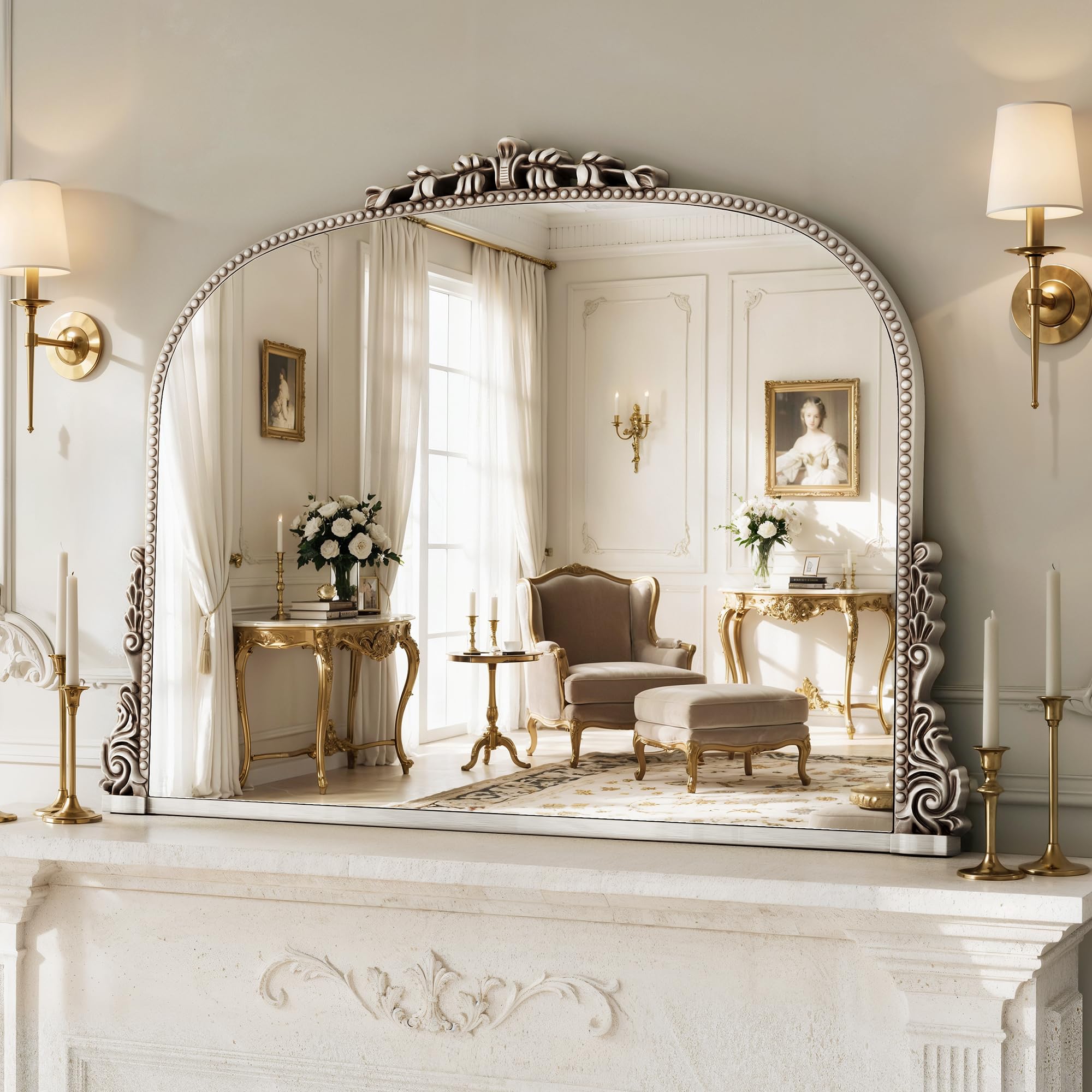 Vintage Gold Baroque Ornate Wall Mirror, Arched Resin Frame HD Tempered Glass Decor Mirror