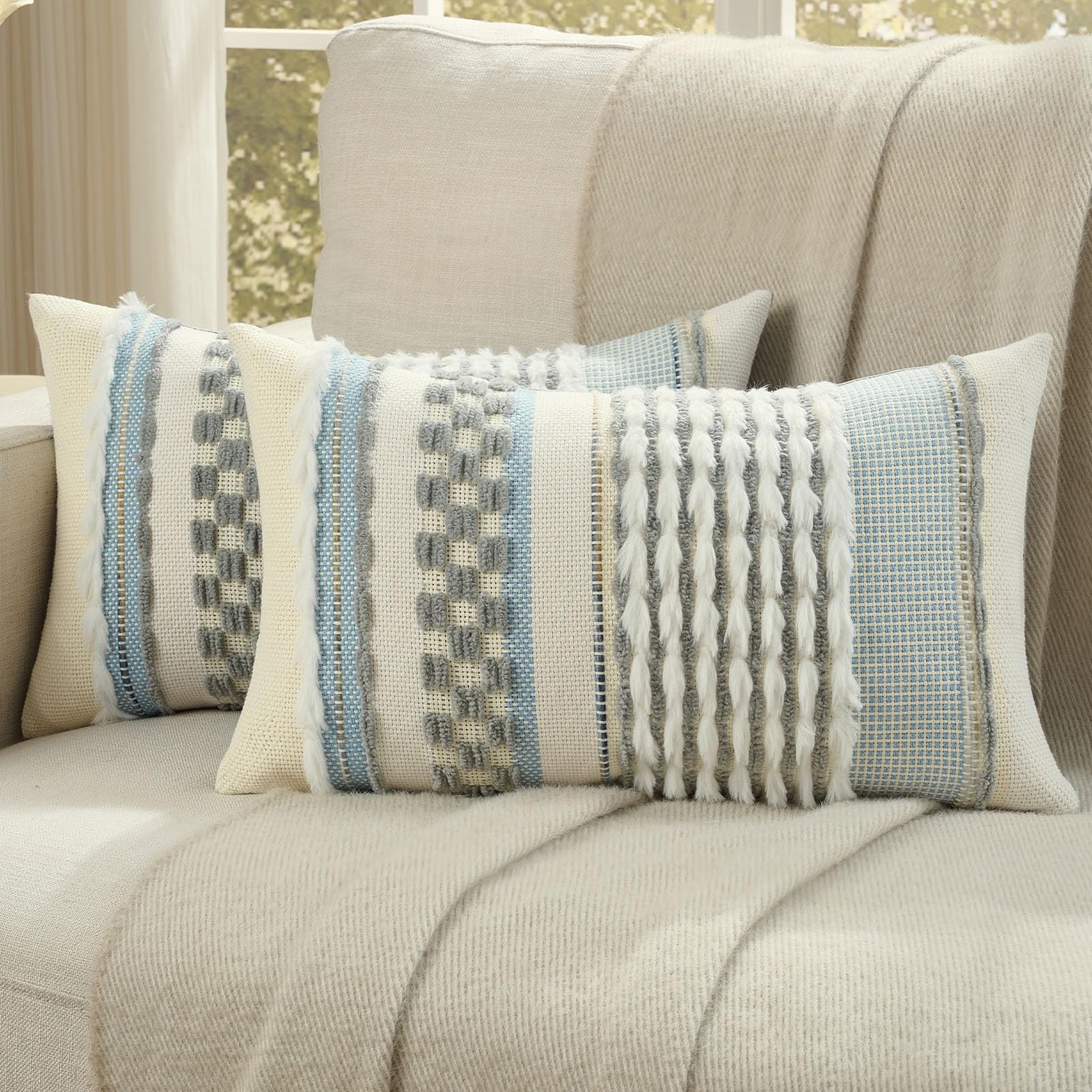 FUTEI Pack of 2 Boho Chenille Decorative Throw Pillow Covers 18x18 Inch Soft Plush Tufted Striped Textured Cushion Case,Farmhouse Accent for Couch Bed Living Room, Grey