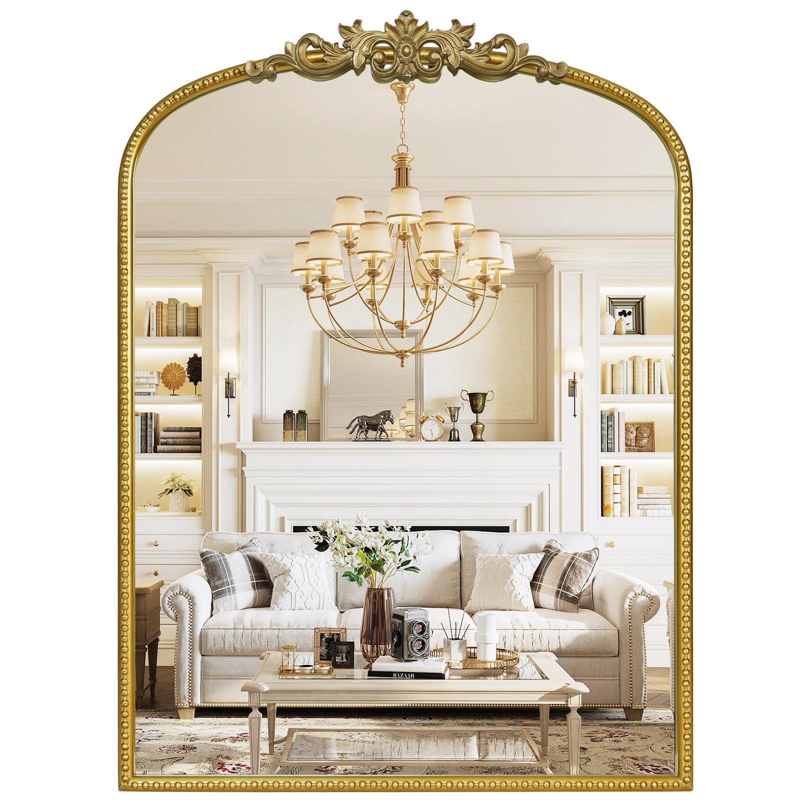 WallBeyond Gold Vintage Mirror for Vanity 22x30 Inch, Gold Antique Mirror with Ornate Frame, Arched Vintage Wall for Bathroom, Living Room, Fireplace, Entryway