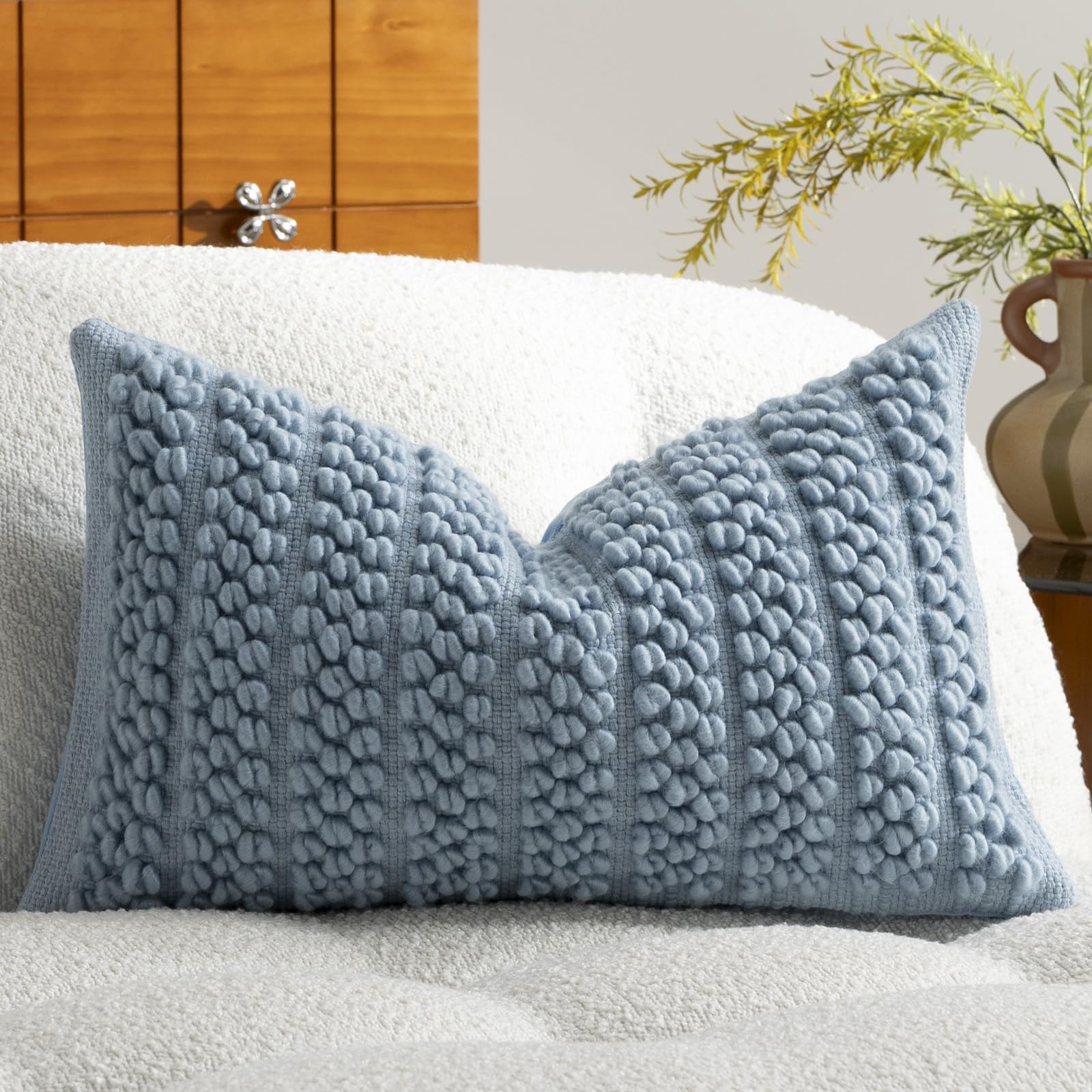 DEZENE Wool Boucle Throw Pillow Cover Premium Chic Accents Square Textured Decorative Pillow Case for Living Room Couch Sofa Home Decor 18"x18" Beige