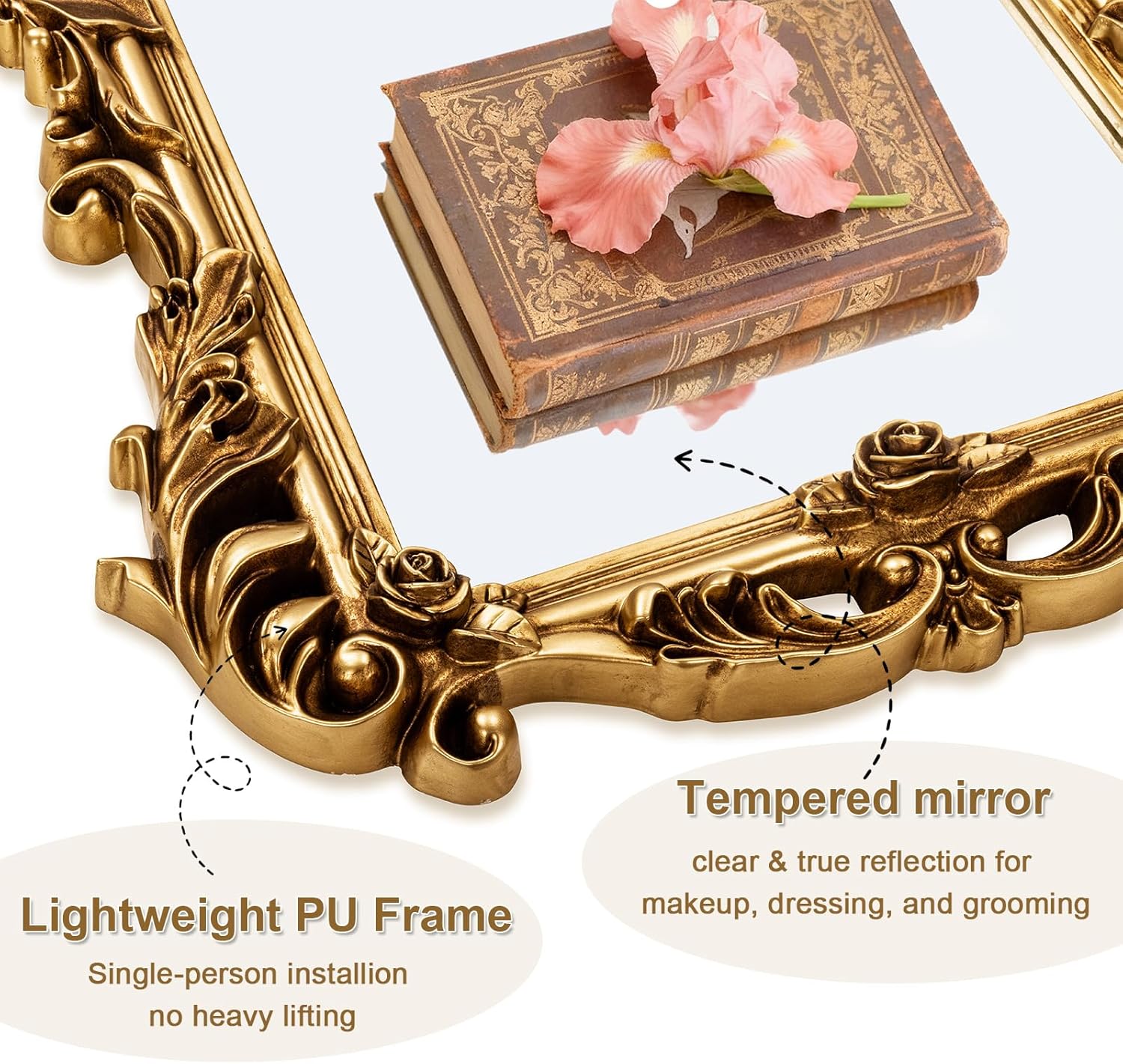 Gold Baroque Mirror - 26.3'' x 32.6'' Ornate Lightweight PU Frame, Vintage Decor Mirror for Living Room Fireplace Dining Room Entryway, Antique Mirrors with HD Reflection to Brighten & Expand Space