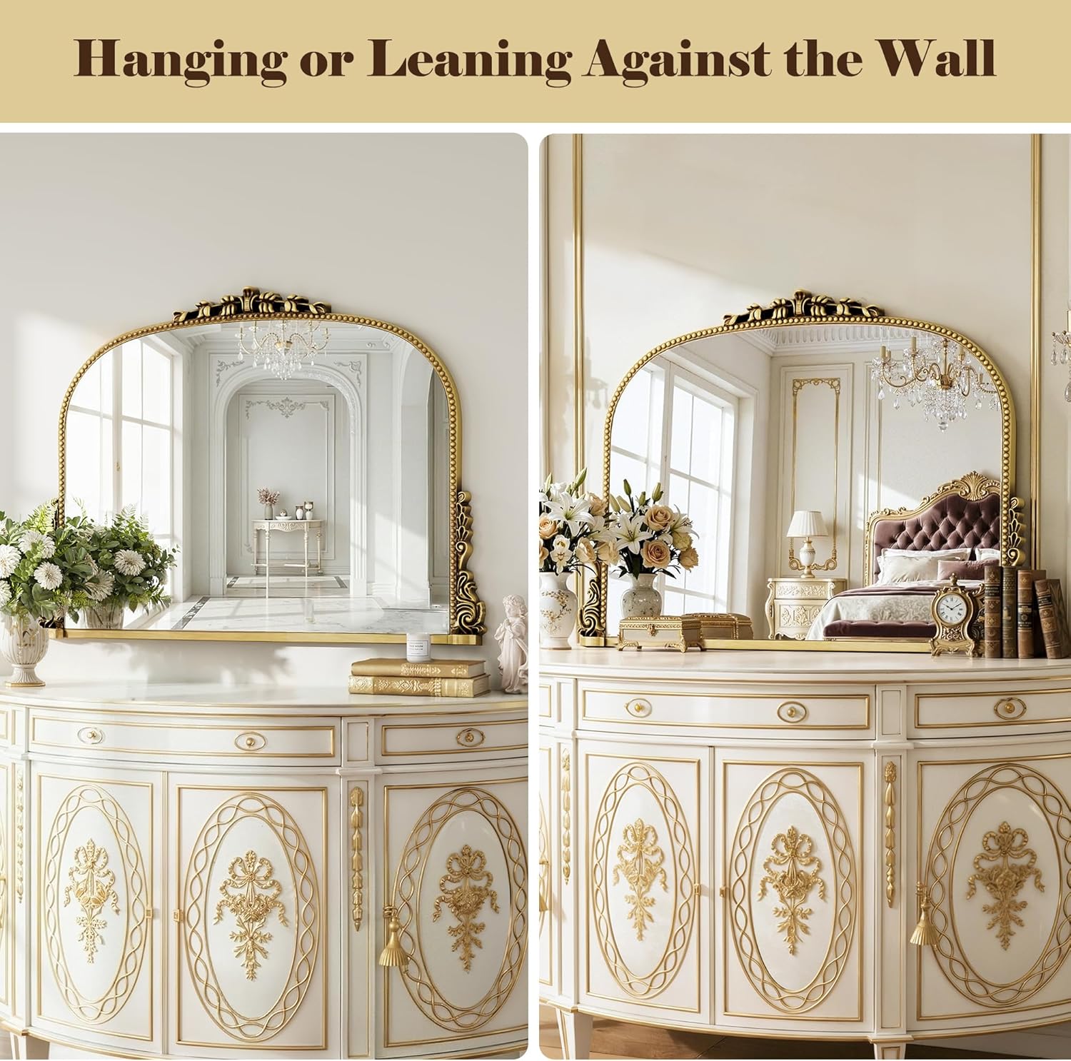 Vintage Gold Baroque Ornate Wall Mirror, Arched Resin Frame HD Tempered Glass Decor Mirror