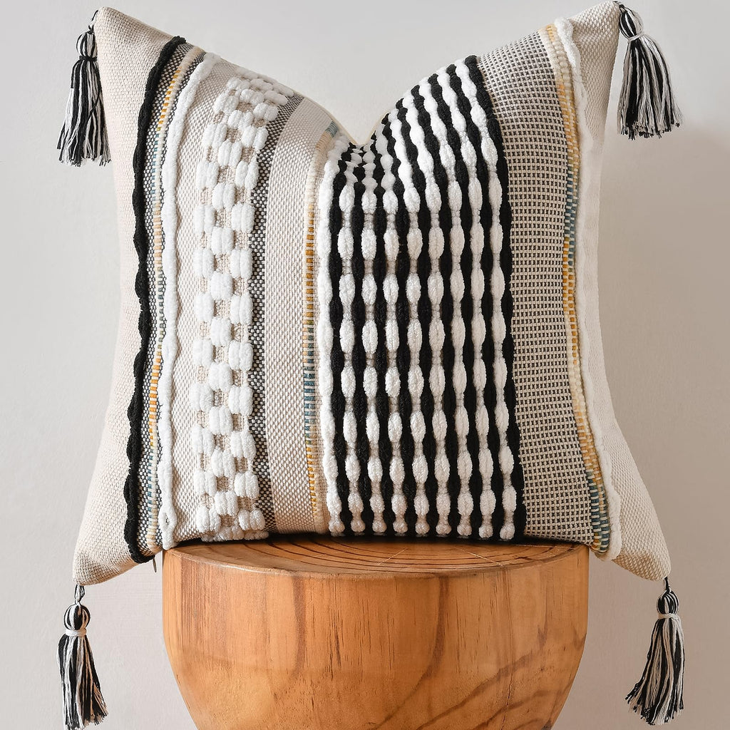 Set of 2 Grey 18×18 Inch Chenille Striped Pillow Covers, Boho Tassel Woven Couch Cushion Cases