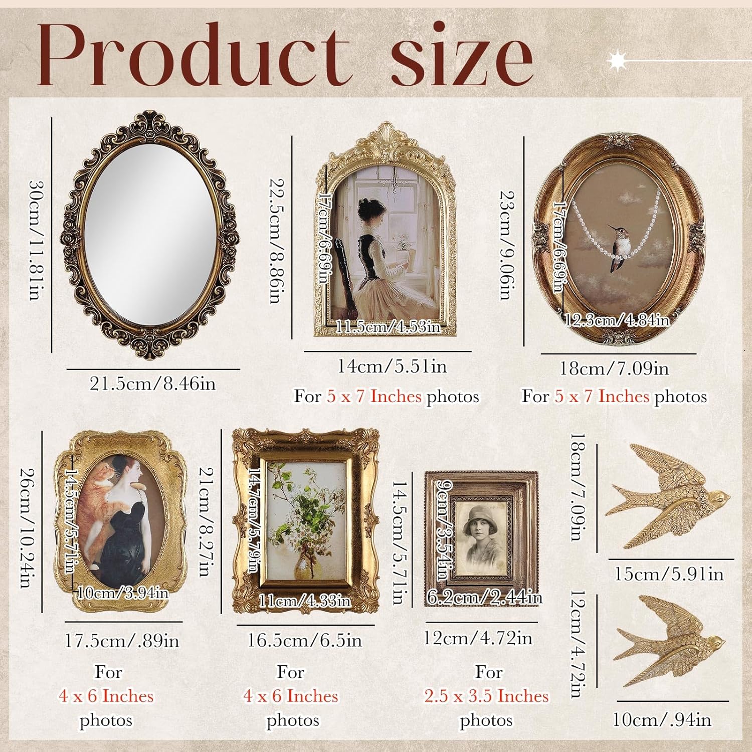 Wonderjune 8 Pcs Vintage Picture Frames with Gold Mirror Bird Sculpture Antique Gold Gallery Wall Frame for 4x6, 5x7 Baroque for Wall or Tabletop Gallery Home Decor