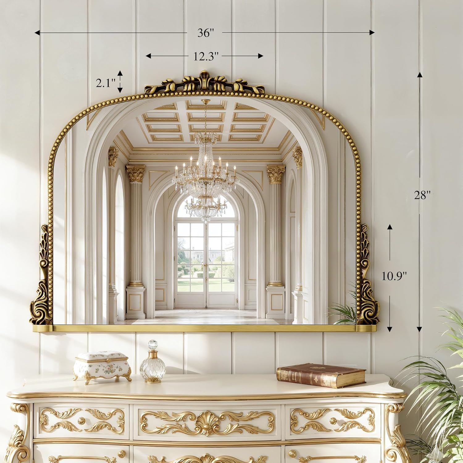 Vintage Gold Baroque Ornate Wall Mirror, Arched Resin Frame HD Tempered Glass Decor Mirror