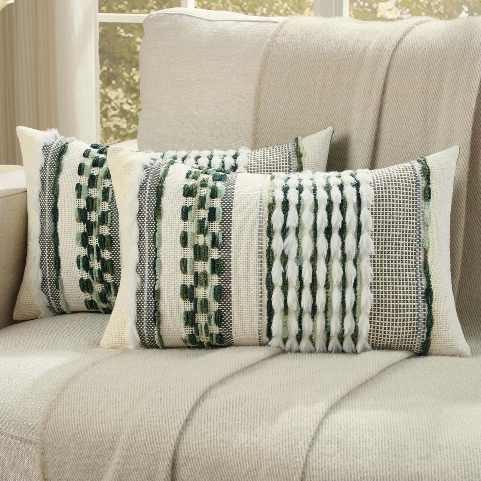 FUTEI Pack of 2 Boho Chenille Decorative Throw Pillow Covers 18x18 Inch Soft Plush Tufted Striped Textured Cushion Case,Farmhouse Accent for Couch Bed Living Room, Grey