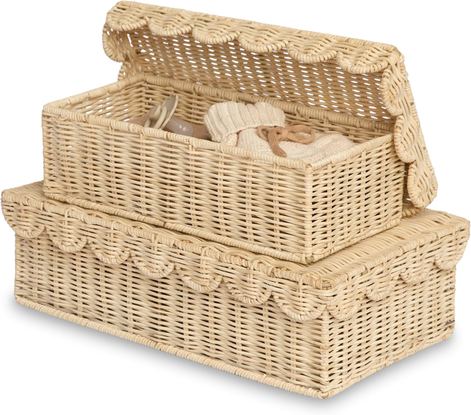 BEBE BASK Handwoven Stackable Decorative Storage Boxes with Lids, Set of 2 (14 × 8 × 4 in) – Scalloped Wicker Basket for Home Decor – Baby Keepsake Box & Memory Box for Keepsakes for Nursery