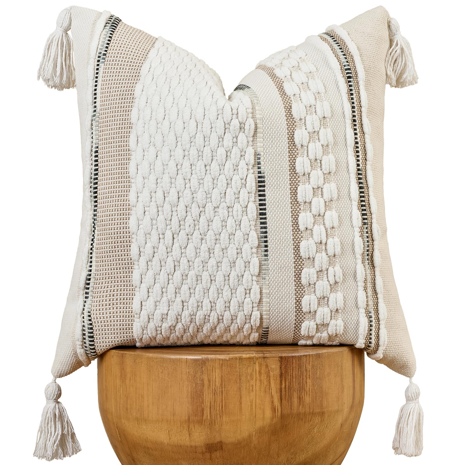 AmHoo Chenille Striped Textured Boho Throw Pillow Covers Aesthetic with Tassels Woven Decorative Pillow Case for Couch Bed Sofa Bedroom Modern Funky 18 x 18-Inch Brown