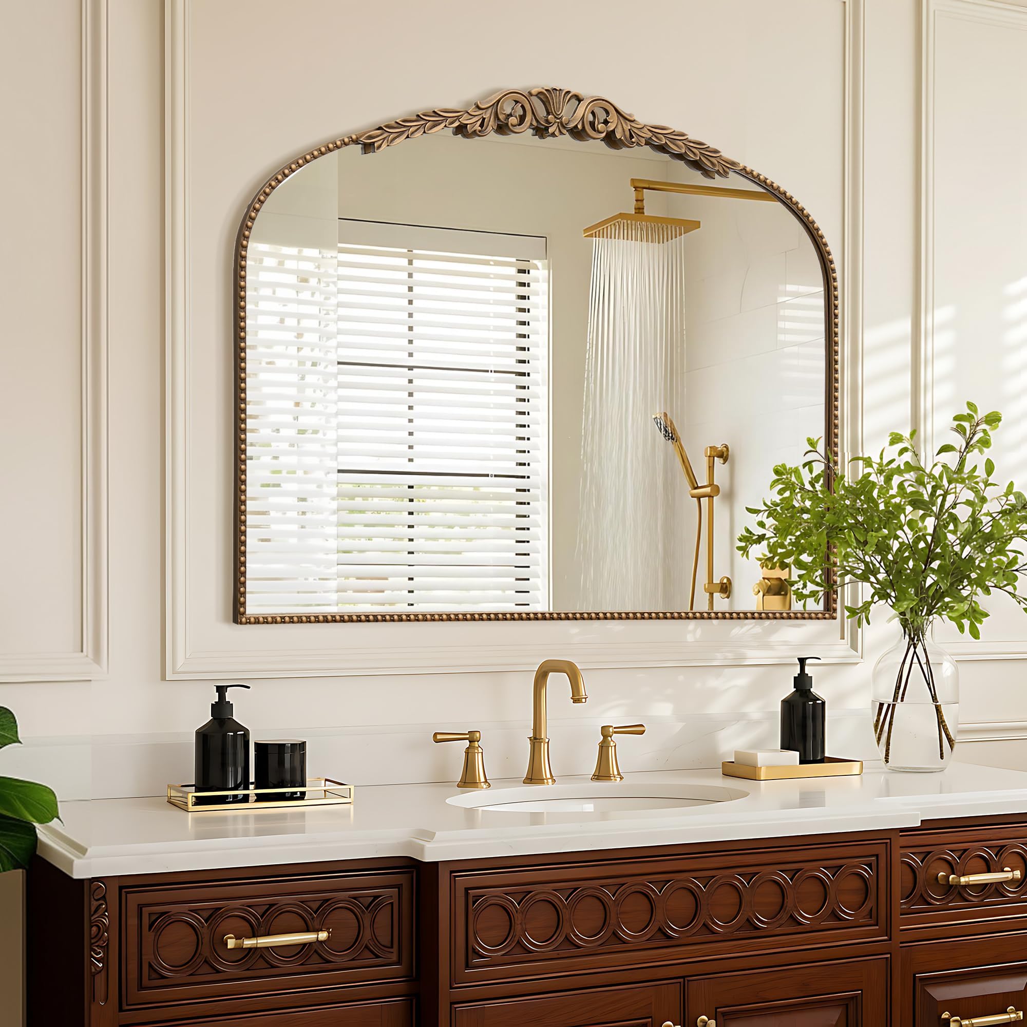 Besdomus Gold Large Arched Mirror: 40"x29" French Baroque Vintage Mirror - Traditional Ornate Antique for Mantel/Bedroom/Entryway/Bathroom/Hallway - Home Decor for Fashion-Conscious