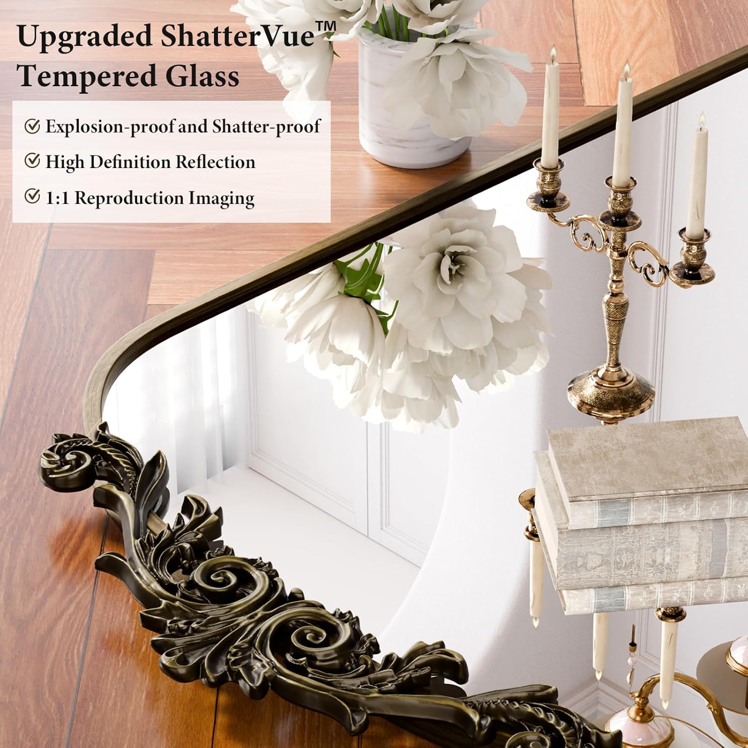 Koonmi Vintage Mirror, 22x30 Antique Barolon Mirror for Wall, Bronze Frame with Ornate Patterns, Flower Head, Shatter-Proof Tempered Glass Arched Decorative Mirrors for Bathroom