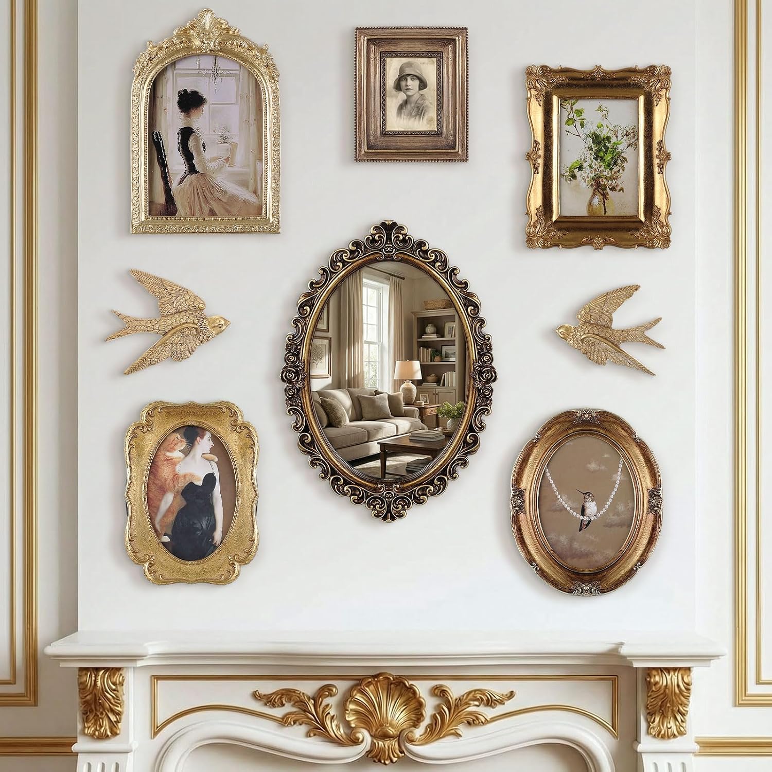 Wonderjune 8 Pcs Vintage Picture Frames with Gold Mirror Bird Sculpture Antique Gold Gallery Wall Frame for 4x6, 5x7 Baroque for Wall or Tabletop Gallery Home Decor