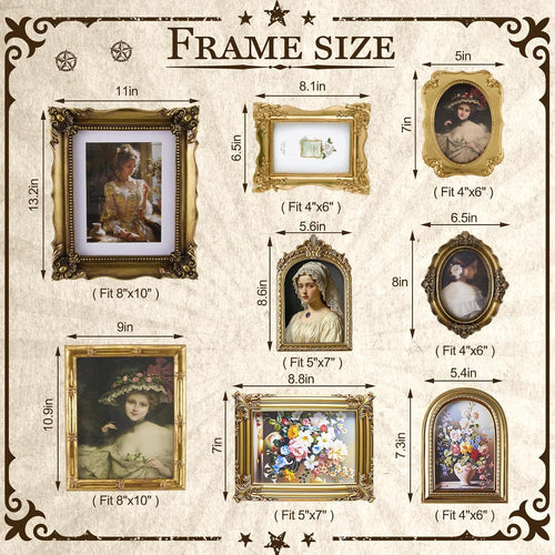 8 Pcs Vintage Picture Frames Set for Gallery Wall, Antique Gold Resin Photo Frames Collage Assorted Sizes 8x10, 5x7 & 4x6, Ornate Victorian French Country Decor for Wall Mount & Tabletop Display
