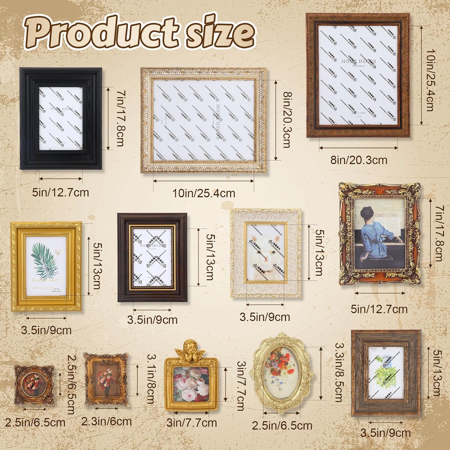 Mifoci 12 Pcs Vintage Picture Frame Set for Wall or Tabletop Display, Multi Size Gold Brown Antique Frames with Glass Front for French Country Farmhouse Gallery Room Wall Art Decor (Baroque)
