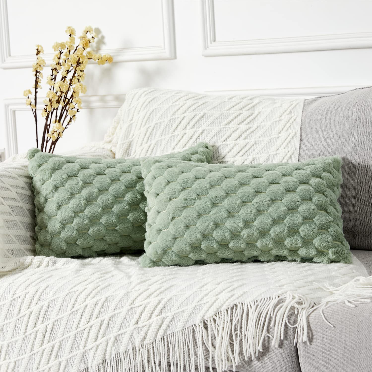 Yaertun Pack of 2 Super Soft Cozy Decorative Throw Pillow Covers Fuzzy Plush Faux Fur Luxury Cushion Cover Pillowcase for Sofa Couch Bed Livingroom 16x16 Inch Sage Green