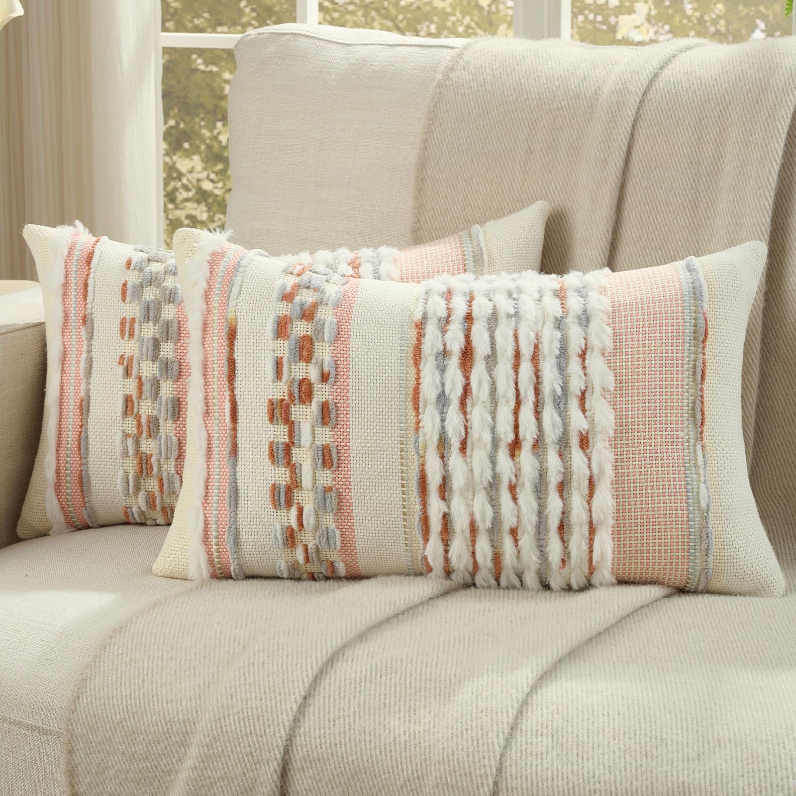 FUTEI Pack of 2 Boho Chenille Decorative Throw Pillow Covers 18x18 Inch Soft Plush Tufted Striped Textured Cushion Case,Farmhouse Accent for Couch Bed Living Room, Grey