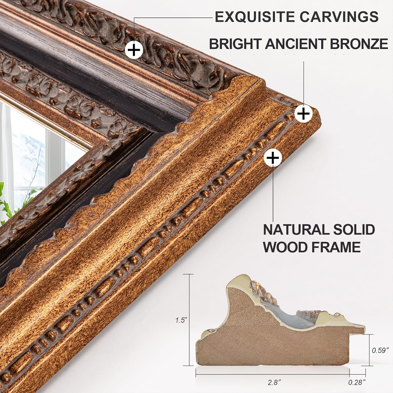 Large Decorative Mirror for Living Room, 53.5" X 30", Vintage Ornate Carvings Wood Frame, Big Vanity Rectangular Mirror for Bedroom, Dining Room, Fireplace and Bathroom