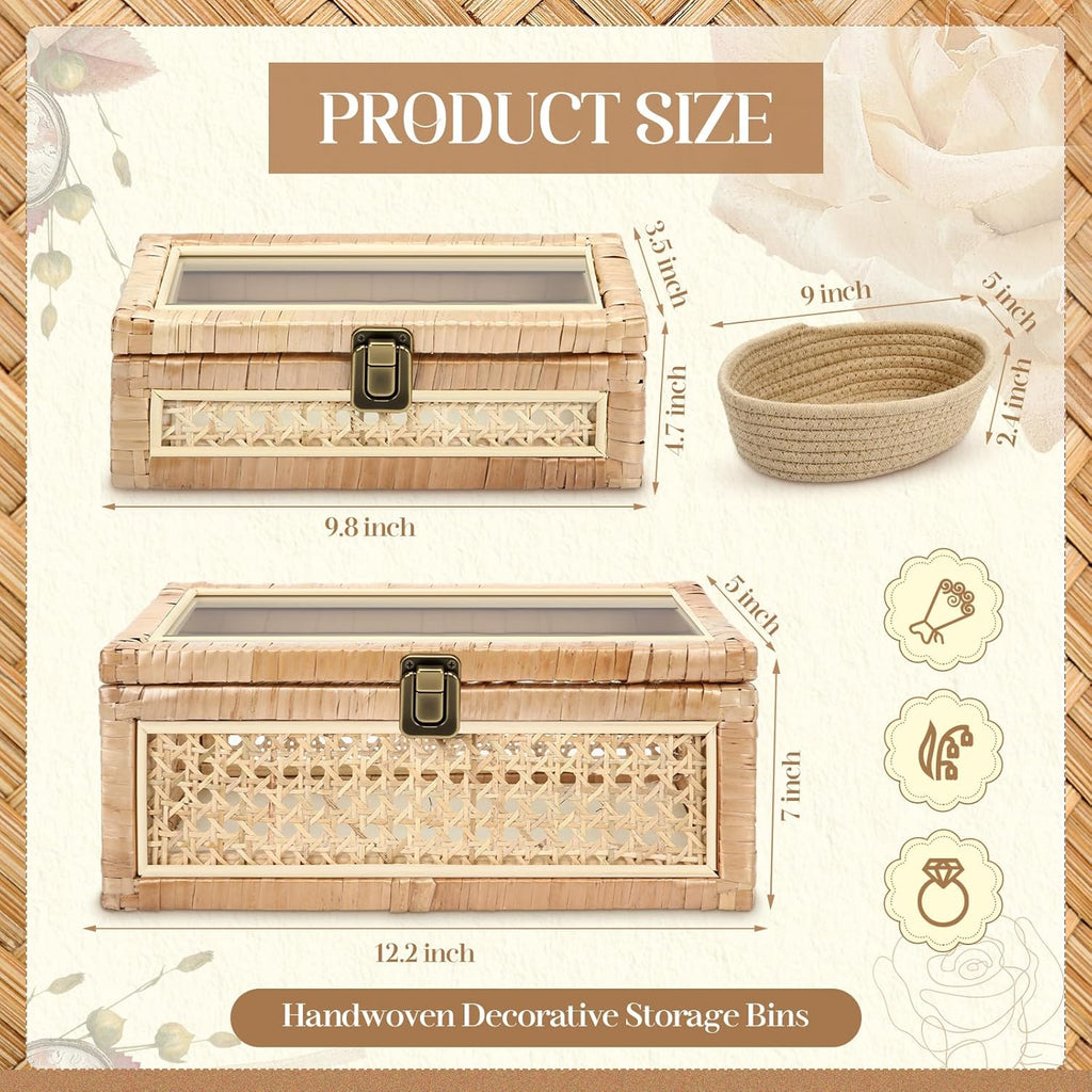Set of 2 Boho Rattan Decorative Box with Glass Lid Rectangular Woven Cane Stacking Boxes for Display Rustic Farmhouse Storage Basket Bins for Home Decoration