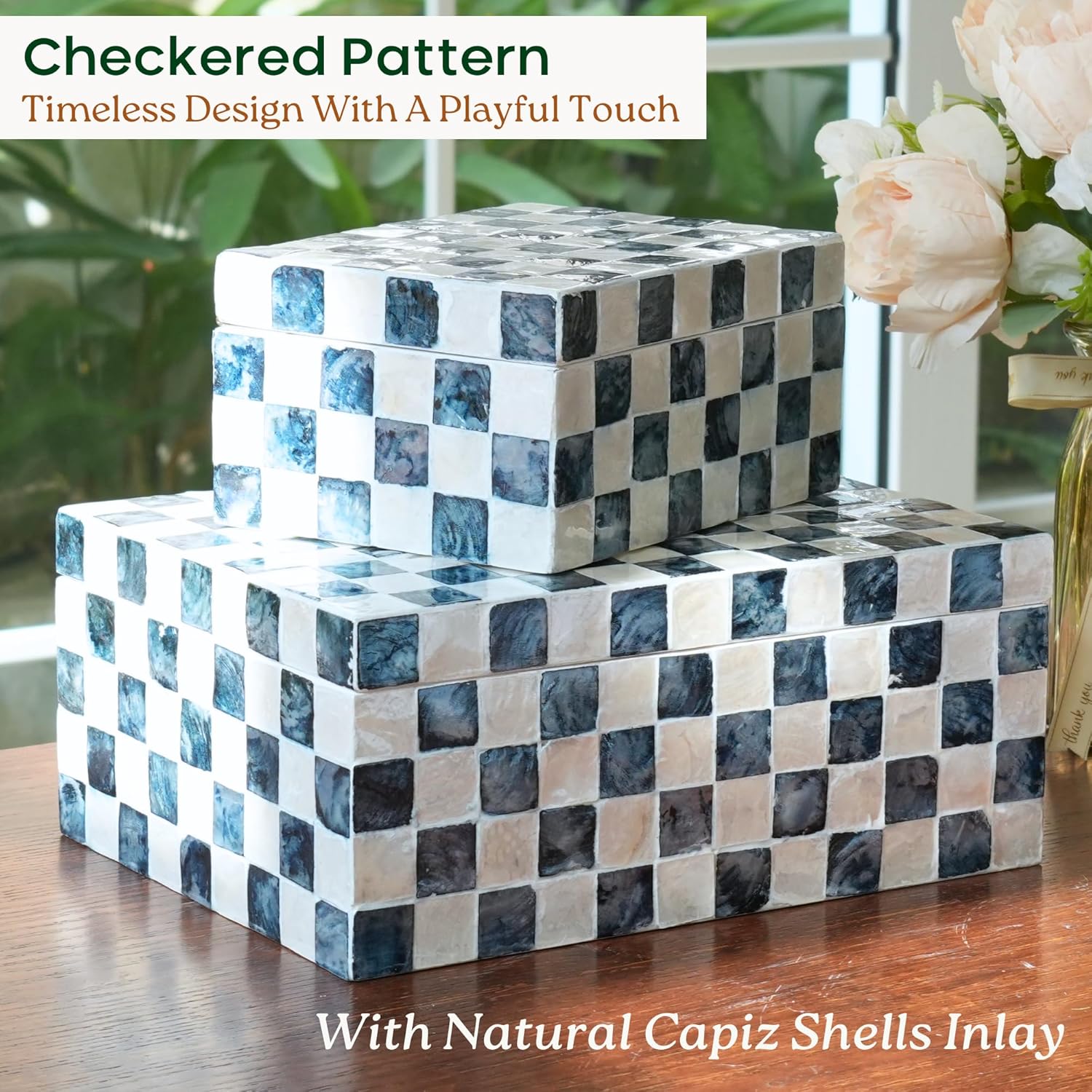 Set of 2 Navy Blue Capiz Shell Storage Boxes with Lids, Checkered Keepsake Memory Boxes