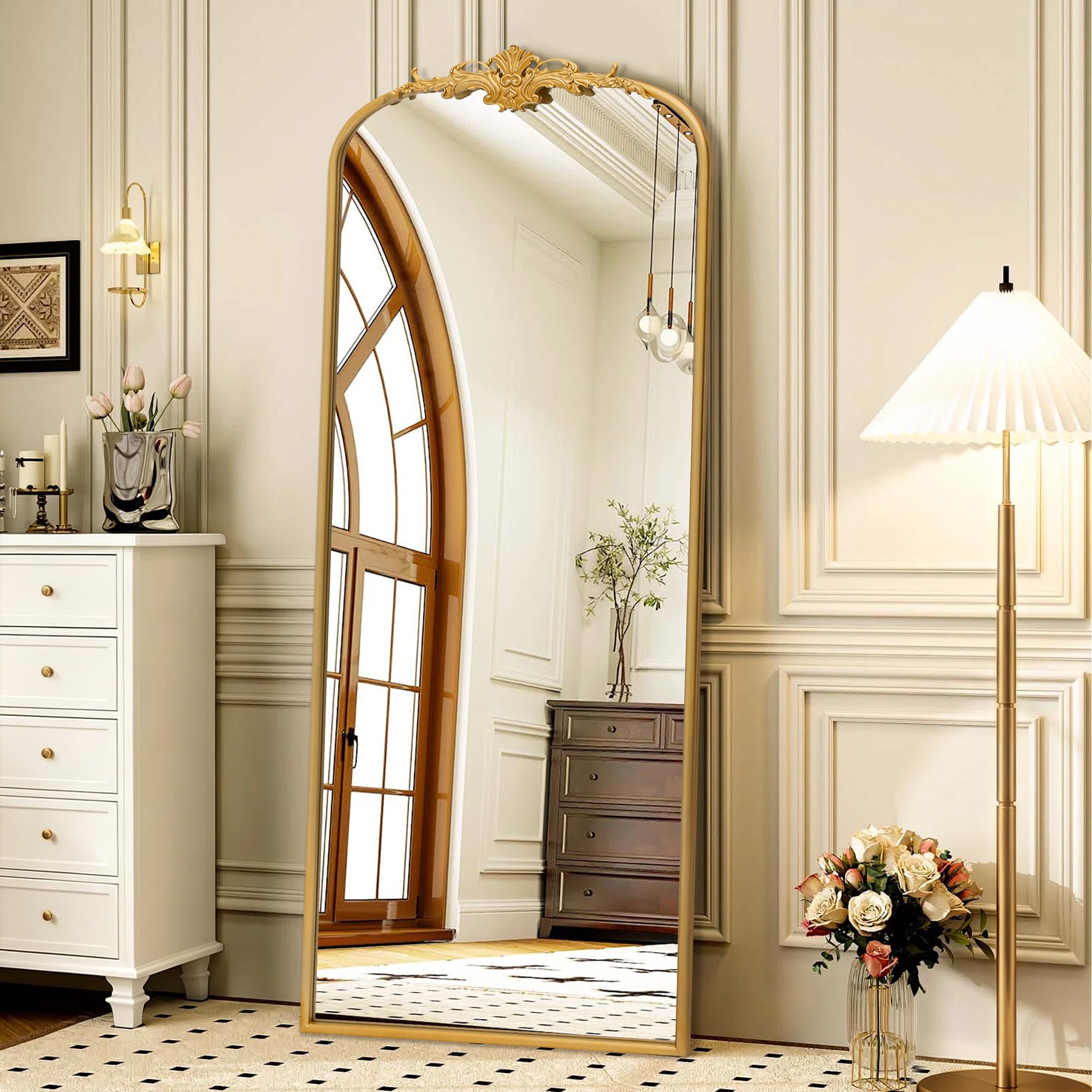 Besdomus Vintage Arched Gold Mirror: 40"x29" French Large Brass Antique Wall Vanity Mirror - Decorative Baroque Traditional Ornate for Entryway/Fireplace/Bathroom/Bedroom - Ideal for Home Renovations