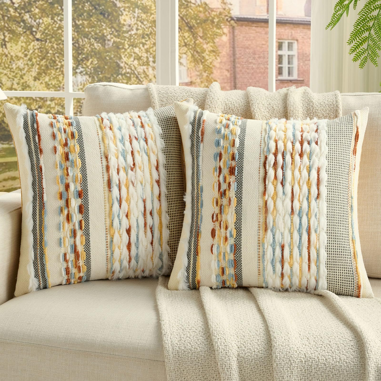 FUTEI Pack of 2 Boho Chenille Decorative Throw Pillow Covers 18x18 Inch Soft Plush Tufted Striped Textured Cushion Case,Farmhouse Accent for Couch Bed Living Room, Grey