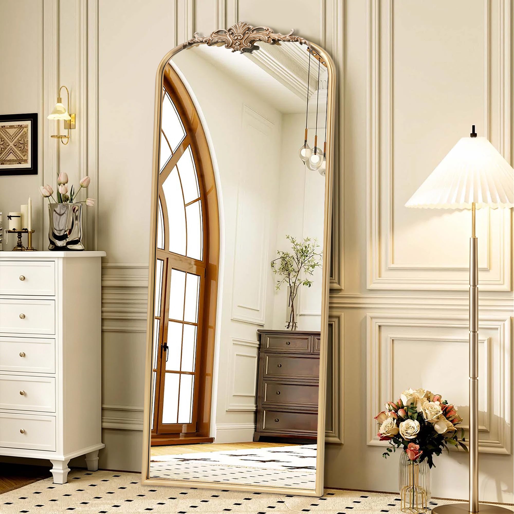Besdomus Vintage Arched Gold Mirror: 40"x29" French Large Brass Antique Wall Vanity Mirror - Decorative Baroque Traditional Ornate for Entryway/Fireplace/Bathroom/Bedroom - Ideal for Home Renovations