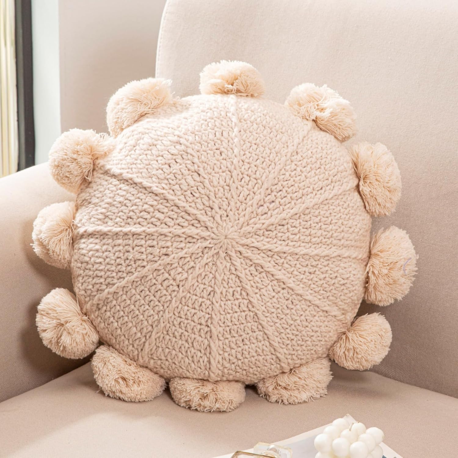 Knitted Round Throw Pillow Handmade Couch Pillow Decorative Pillow with Pom Pom (Beige, 18inch)