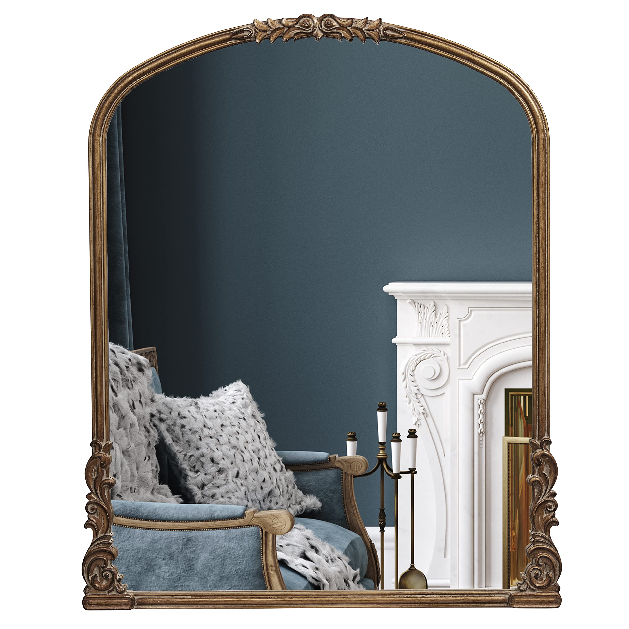 Wylde Iris English Estate Carved Arch Wood Wall Mirror, Mirror for Entryway, Living Room, Bathroom, Antique Black, 22x30
