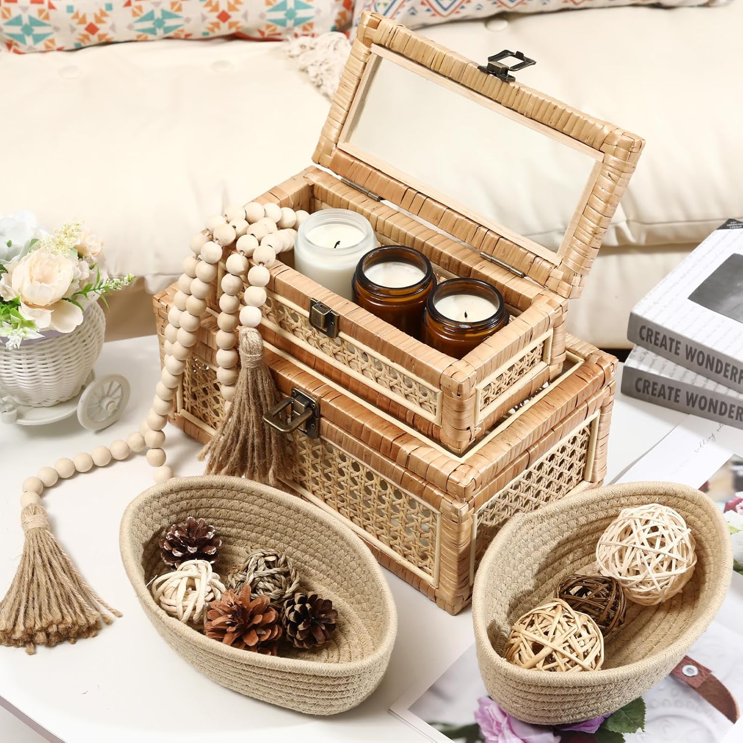 Set of 2 Boho Rattan Decorative Box with Glass Lid Rectangular Woven Cane Stacking Boxes for Display Rustic Farmhouse Storage Basket Bins for Home Decoration
