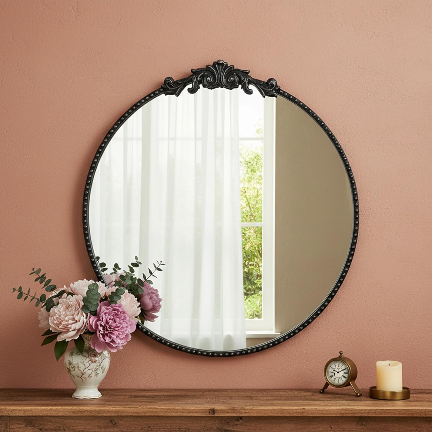 ZIYOO Vintage Baroque Round Wall Mirror 24"x24", Black Ornate Carved Frame Decor Mirror for Entryway Living Room Bedroom Hallway (Black Metal,24"x24")