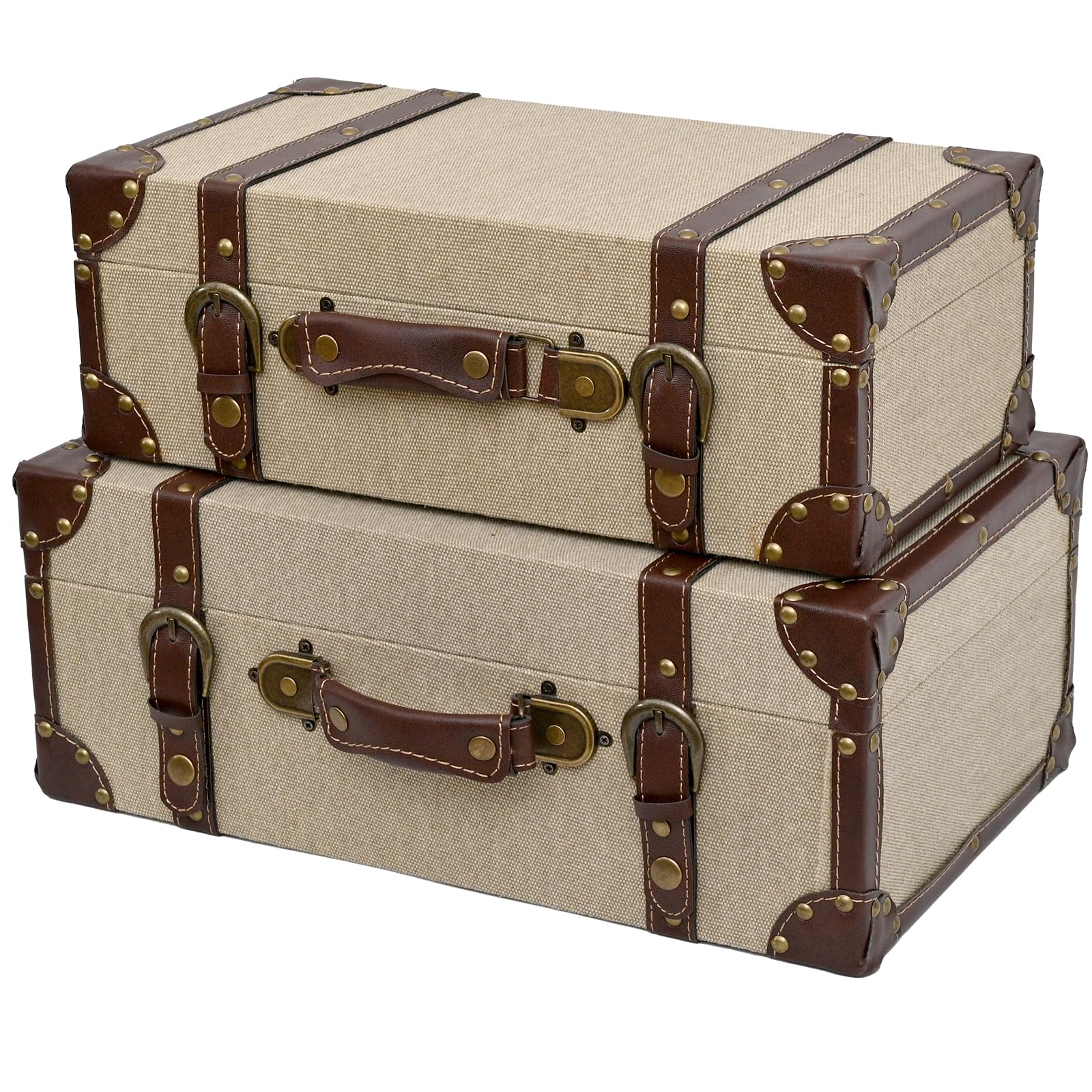 DECOR4SEASON Vintage Linen Fabric Decorative Box Set of 2 - Antique-Style Keepsake Chests for Coffee Table Decor, Mementos, and Elegant Bookshelf Styling