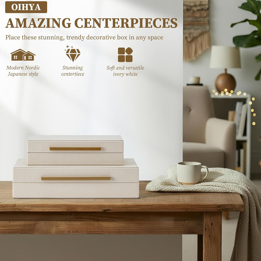 Set of 2 Shagreen Decorative Box, Modern Faux Leather Beige Decorative Storage Boxes with Lids and Metal Handles, Jewelry & Memory Box for Home, Office Decor (Beige+Gold Handles)