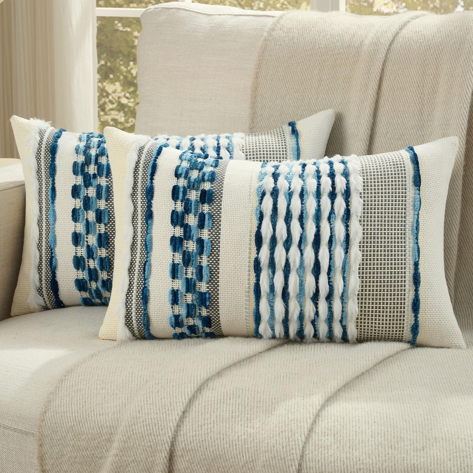 FUTEI Pack of 2 Boho Chenille Decorative Throw Pillow Covers 18x18 Inch Soft Plush Tufted Striped Textured Cushion Case,Farmhouse Accent for Couch Bed Living Room, Grey