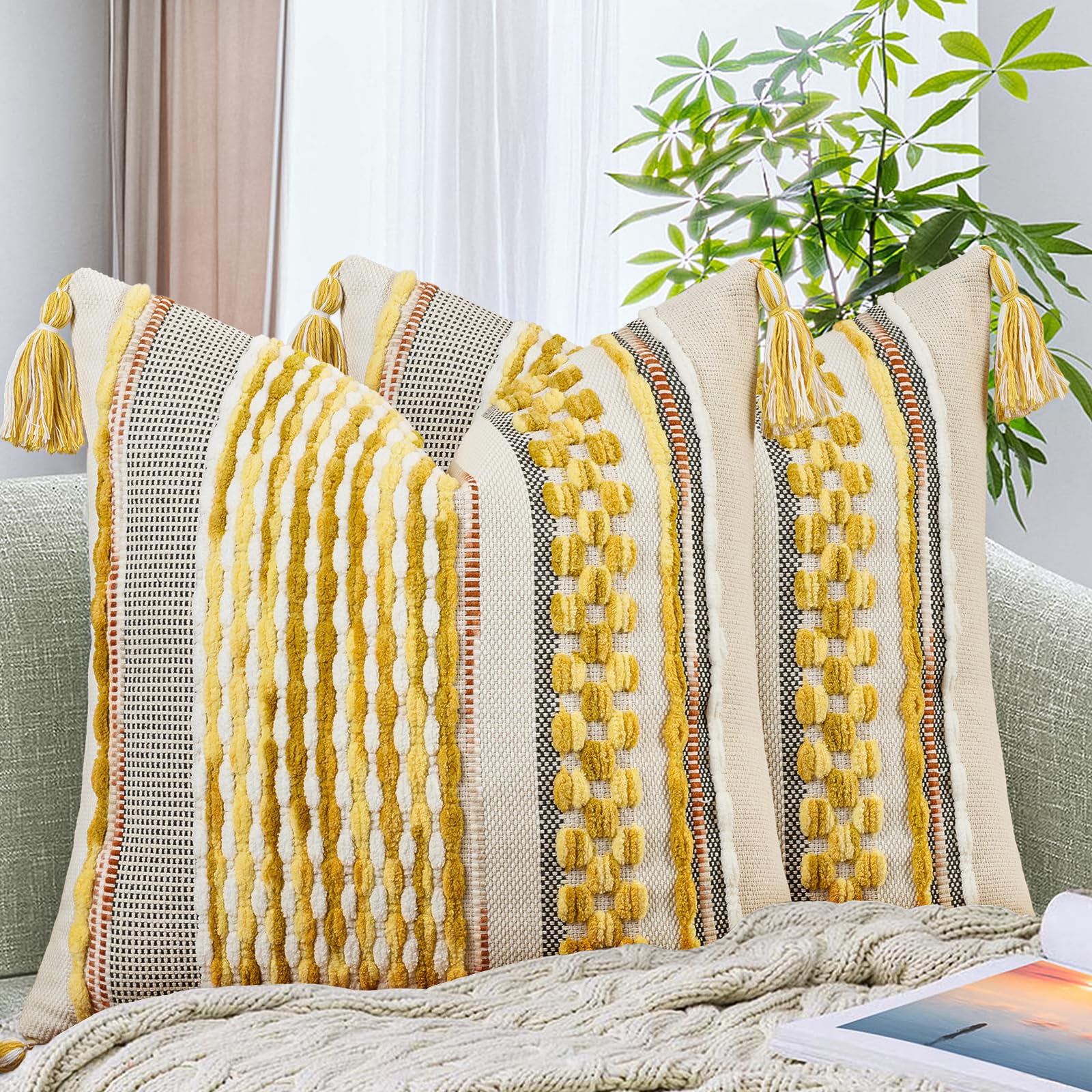 AmHoo Chenille Striped Textured Boho Throw Pillow Covers Aesthetic with Tassels Woven Decorative Pillow Case for Couch Bed Sofa Bedroom Modern Funky 18 x 18-Inch Brown