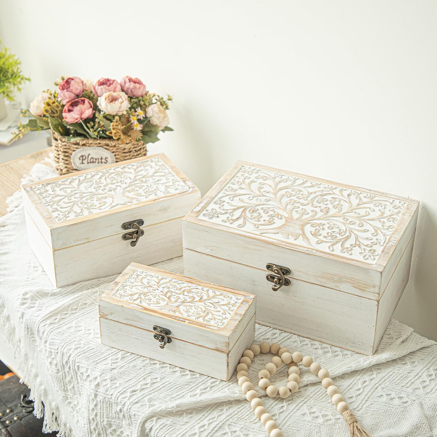 3 Piece Tree of Life Carved Wooden Keepsake Boxes with Lids, Decorative Storage Boxes for Home decor, Trinket Box for Jewelry and Memorabilia