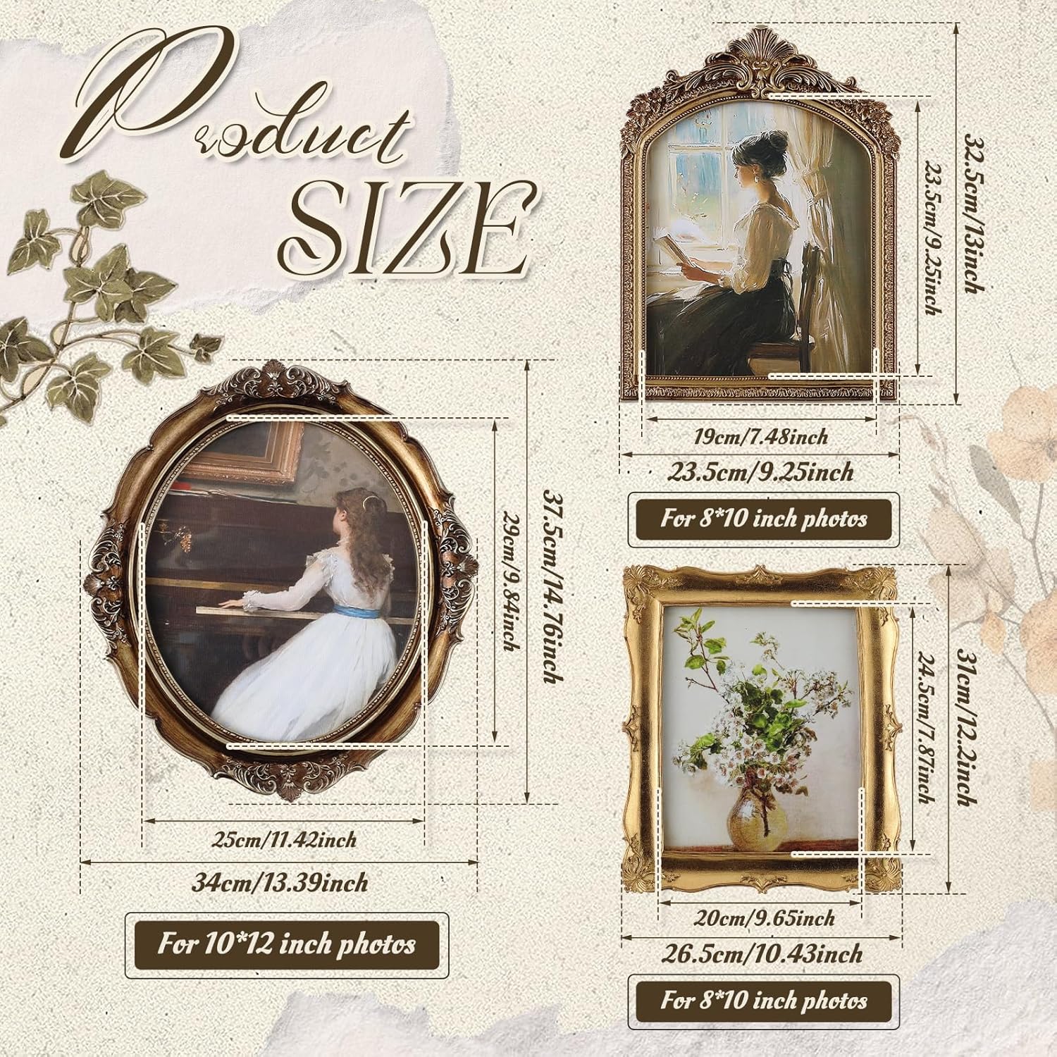 Wonderjune 3 Pcs Large Vintage Picture Frames 10" 12" Antique Picture Frame,Clear Glass Rustic Frames Retro Home Decor Wall Mount for Gallery Art Oval Square, Bronze Gold (Vintage)