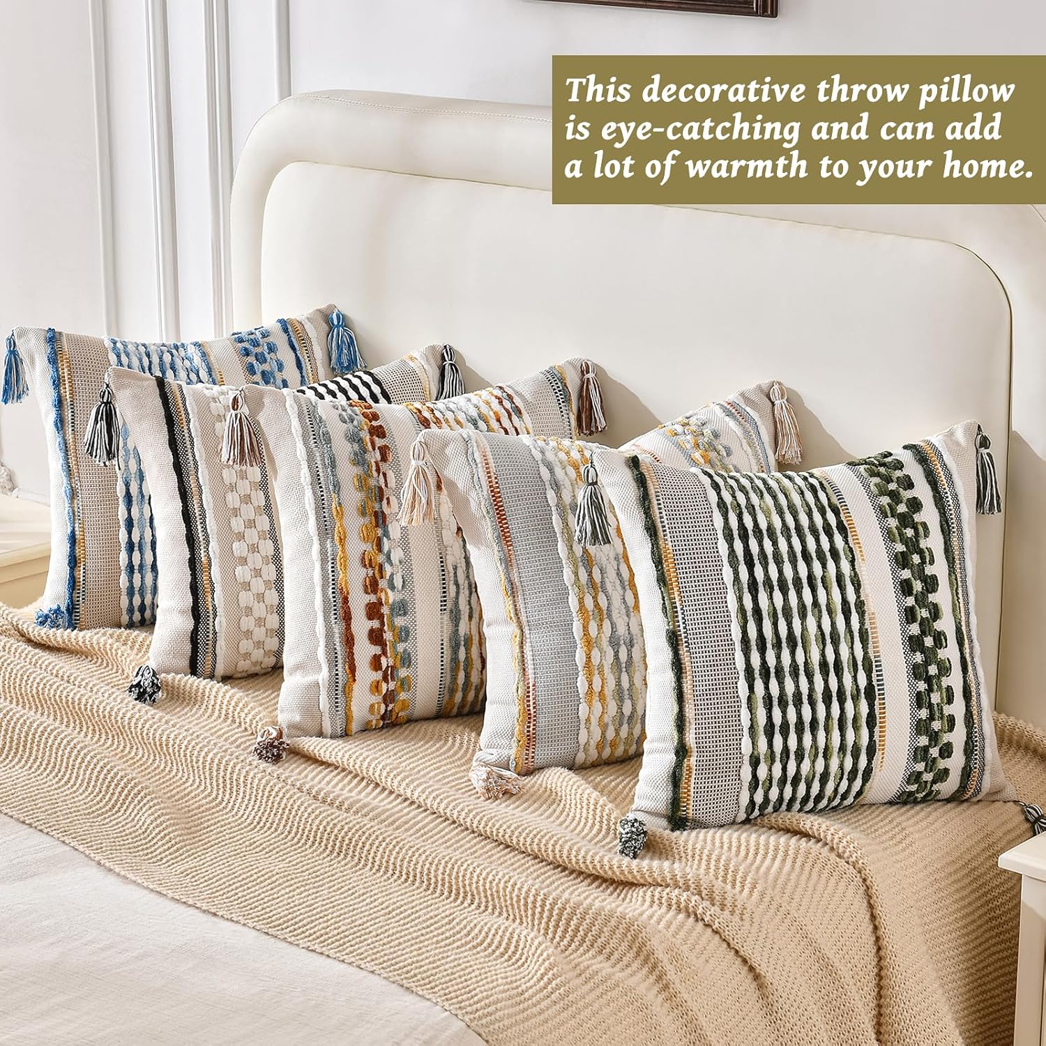 Set of 2 Grey 18×18 Inch Chenille Striped Pillow Covers, Boho Tassel Woven Couch Cushion Cases