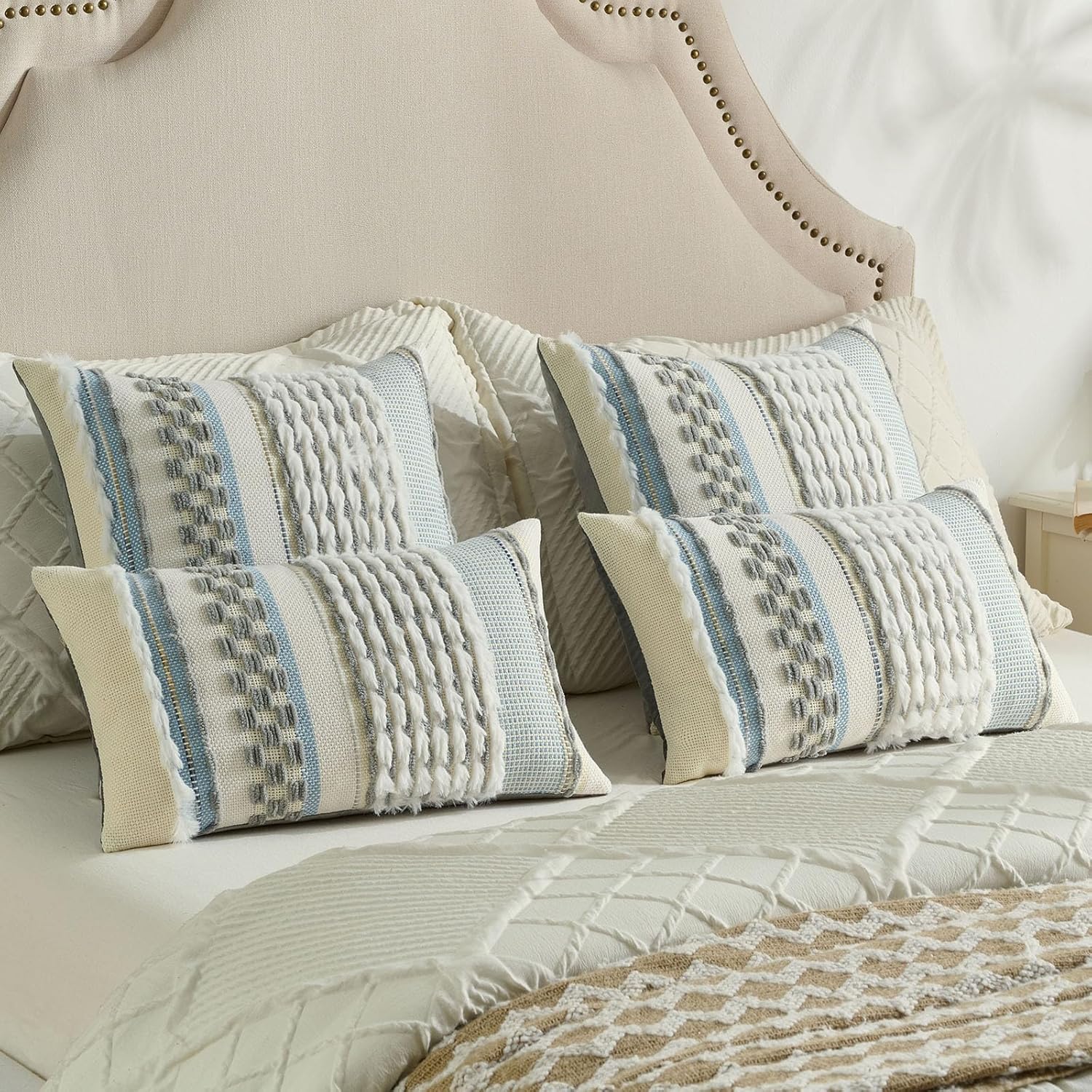 FUTEI Pack of 2 Boho Chenille Decorative Throw Pillow Covers 18x18 Inch Soft Plush Tufted Striped Textured Cushion Case,Farmhouse Accent for Couch Bed Living Room, Grey