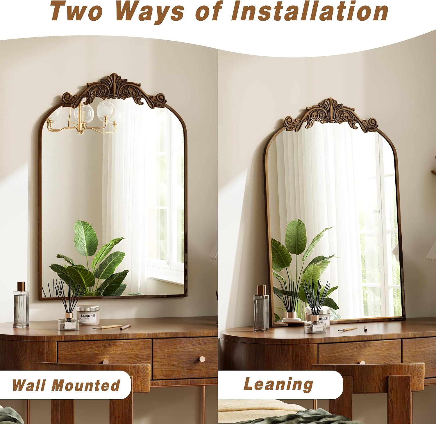 VooBang Vintage Arched Bathroom Mirror, 24x36 Inch Retro Wall Mounted Vanity Mirror with Carved Pattern Top and Metal Frame, Antique Decorative Mirror for Hanging or Leaning