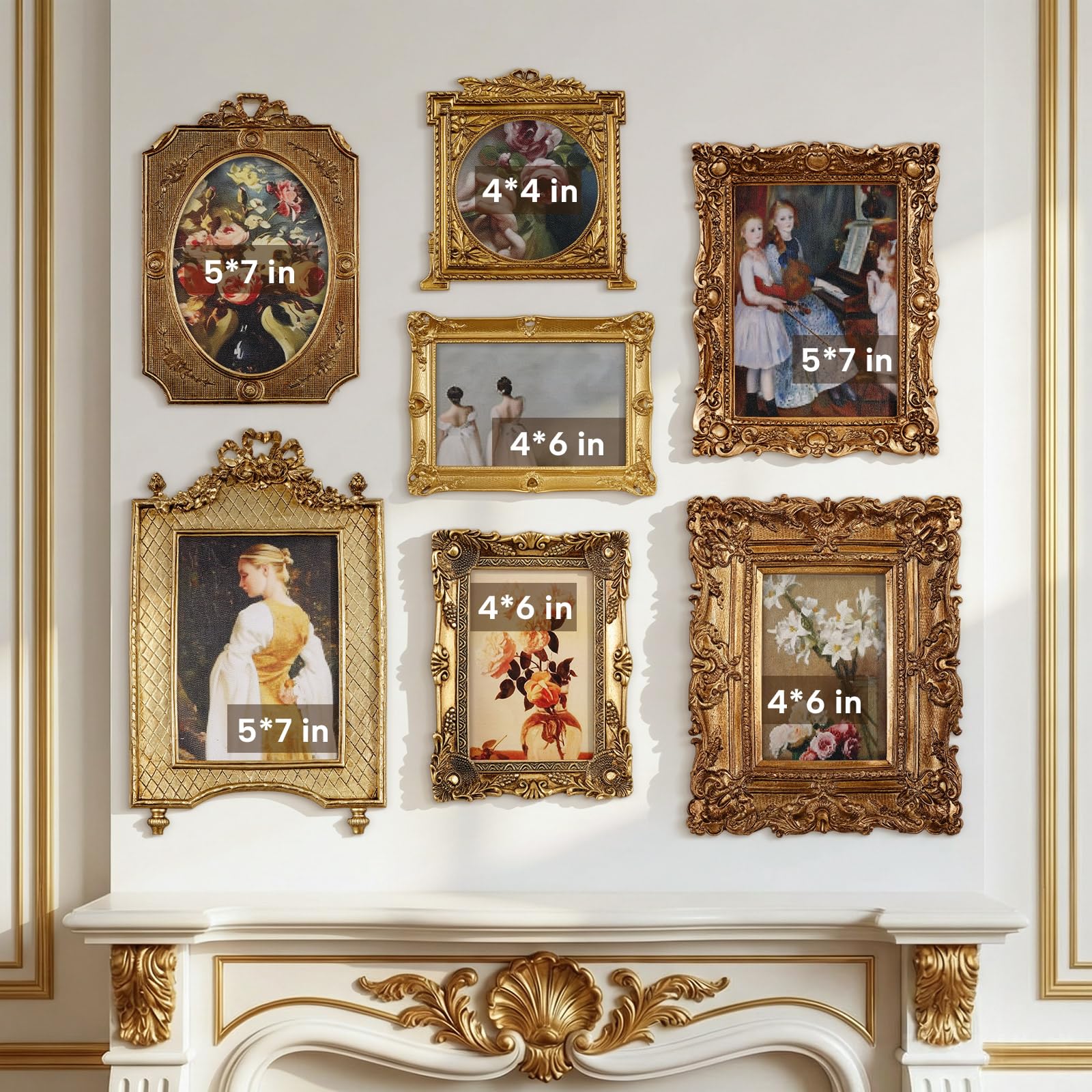 Wonderjune 7 Pcs Vintage Picture Frames Set with Glass Front Antique Gold Gallery Wall Frame for 4x6, 5x7 Baroque for Home Decor Photography Props Gifts, Wall or Tabletop(Rococo)