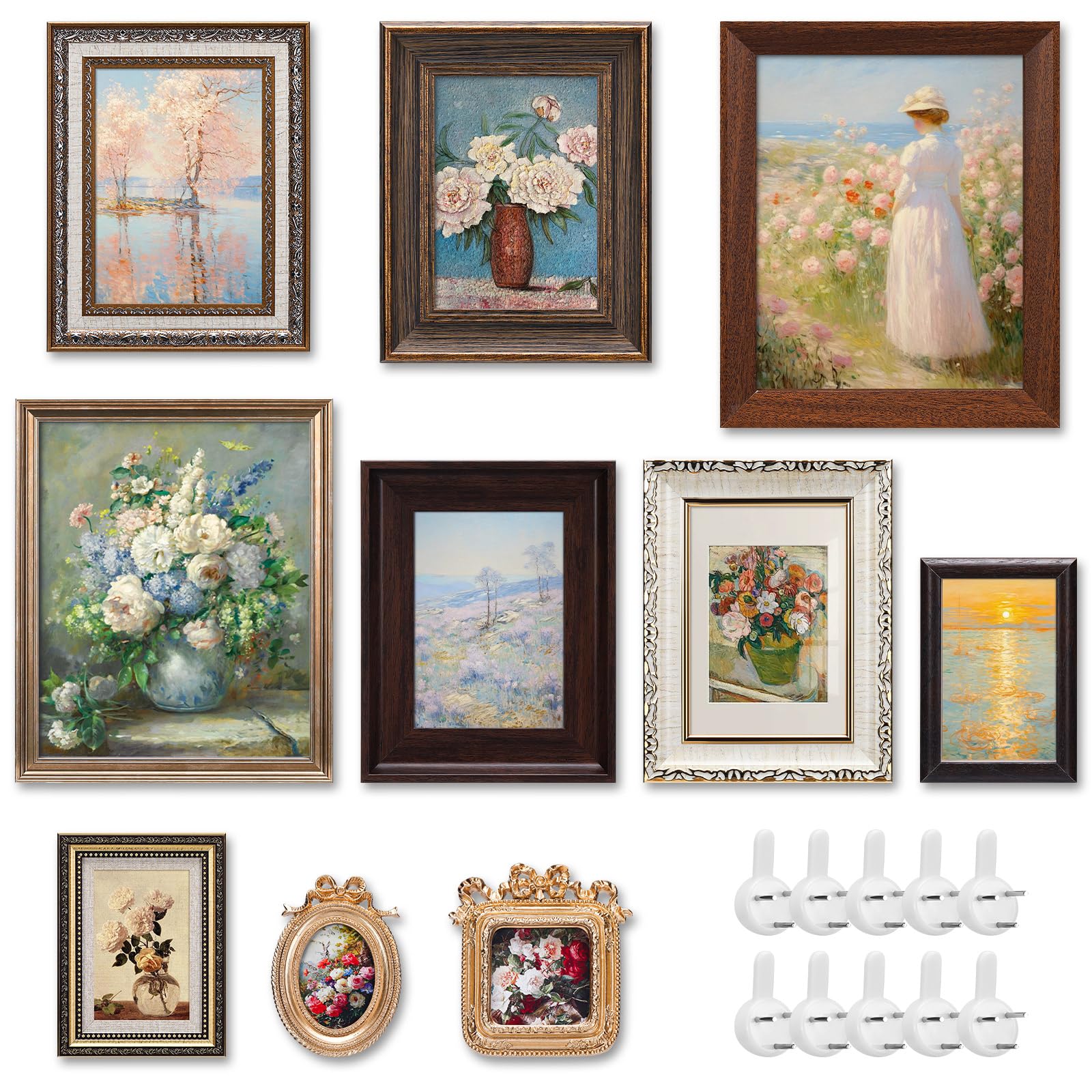 Qunclay 10 Pack Vintage Picture Frames for Wall or Tabletop Display Ornate French Country Gallery Frames Farmhouse Antique Wall Decor for Bedroom Living Room, No Photos Included(Simple Style)