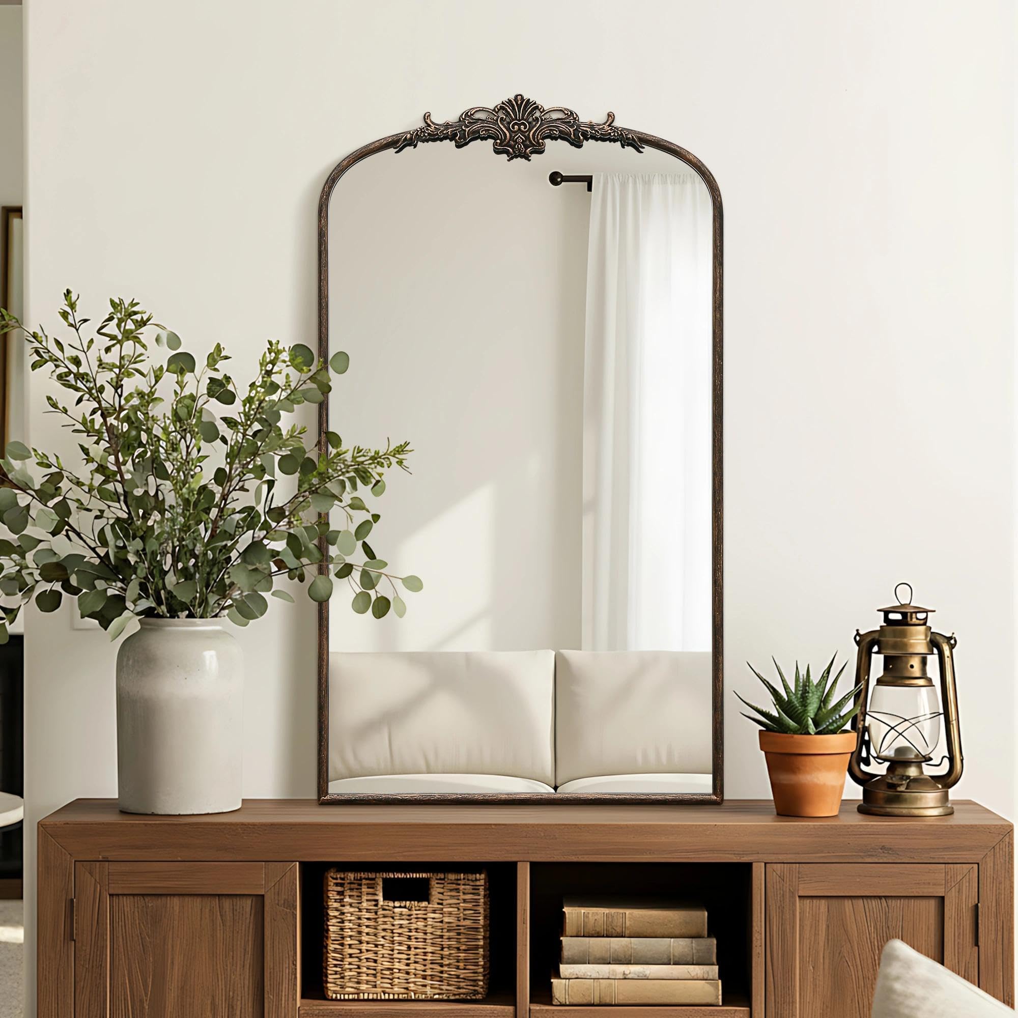 Besdomus Vintage Arched Gold Mirror: 40"x29" French Large Brass Antique Wall Vanity Mirror - Decorative Baroque Traditional Ornate for Entryway/Fireplace/Bathroom/Bedroom - Ideal for Home Renovations
