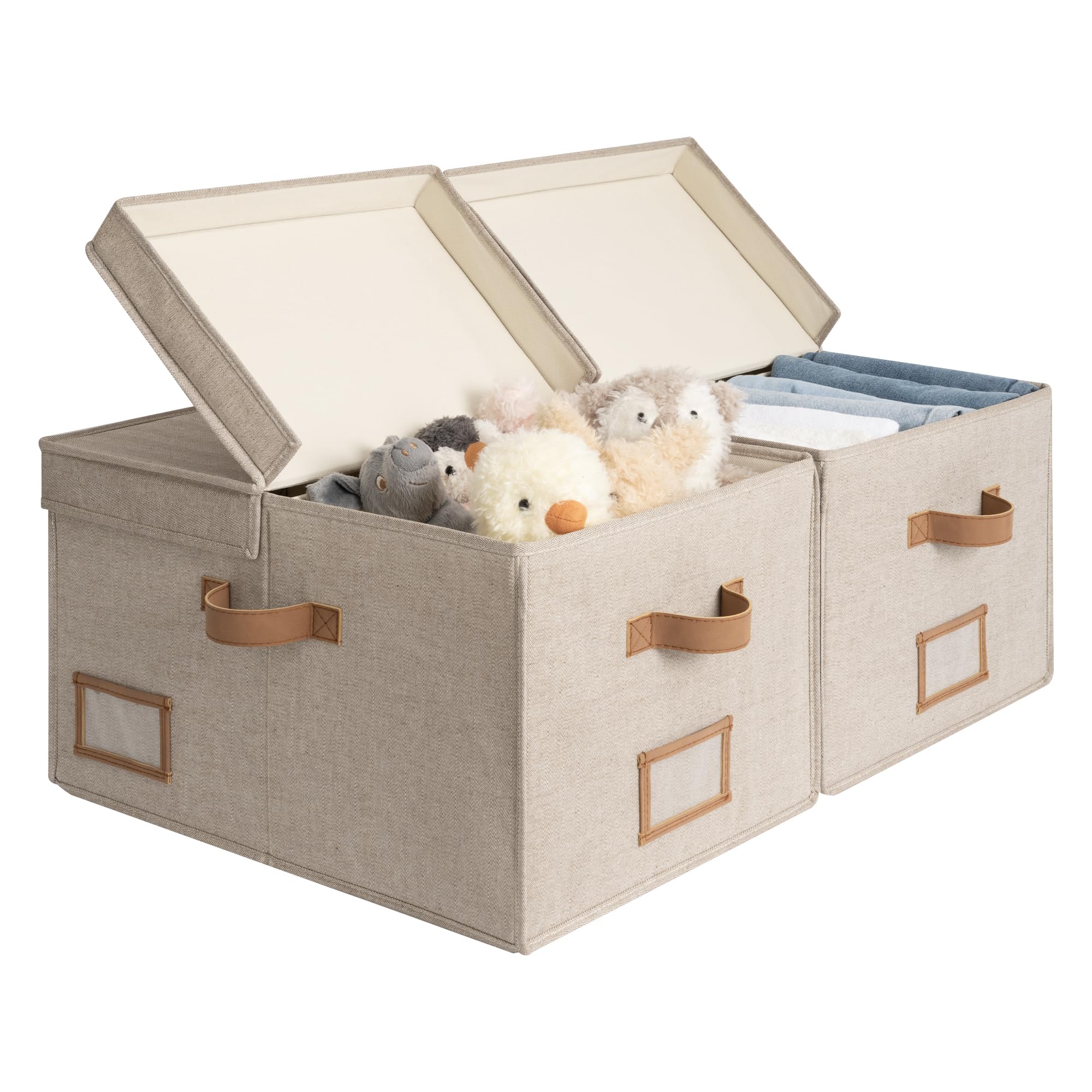 StorageWorks Extra Large Storage Bins with Lids, 55L Decorative Organizer with Divider Board, Fabric Boxes with Handles, Khaki and Beige Stripes, 2-Pack
