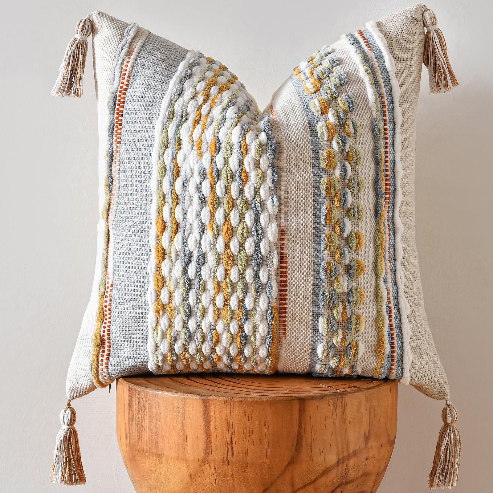AmHoo Chenille Striped Textured Boho Throw Pillow Covers Aesthetic with Tassels Woven Decorative Pillow Case for Couch Bed Sofa Bedroom Modern Funky 18 x 18-Inch Brown