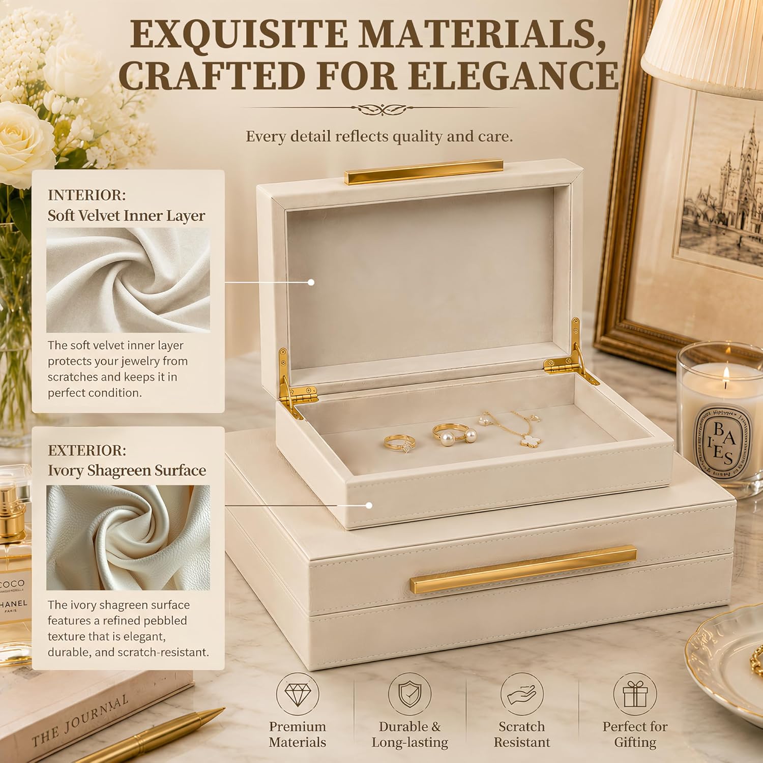 Set of 2 Shagreen Decorative Box, Modern Faux Leather Beige Decorative Storage Boxes with Lids and Metal Handles, Jewelry & Memory Box for Home, Office Decor (Beige+Gold Handles)