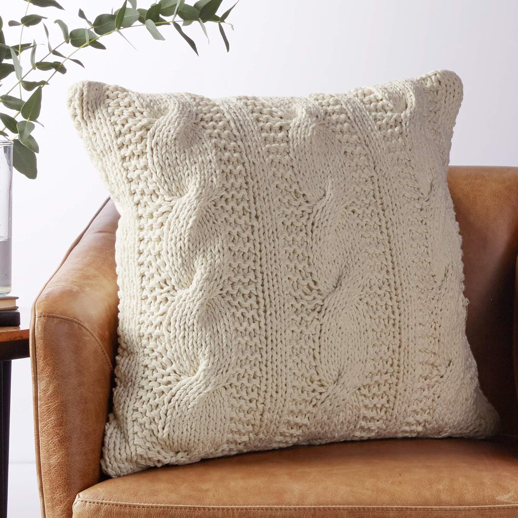 SARO LIFESTYLE 1020 McKenna Knitted Collection Vanilla Cable Knit Design Down Filled Cotton Throw Pillow