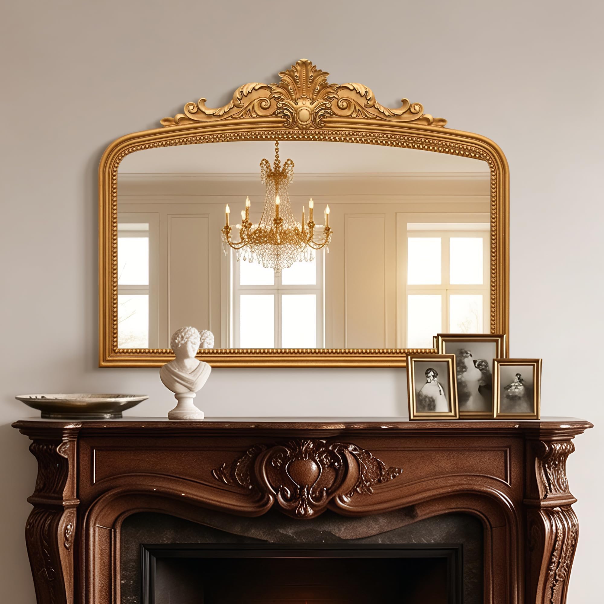 24×36 Inch Antique Gold Baroque Wall Mirror, Ornate Resin Frame Decor Mirror for Entryway Fireplace