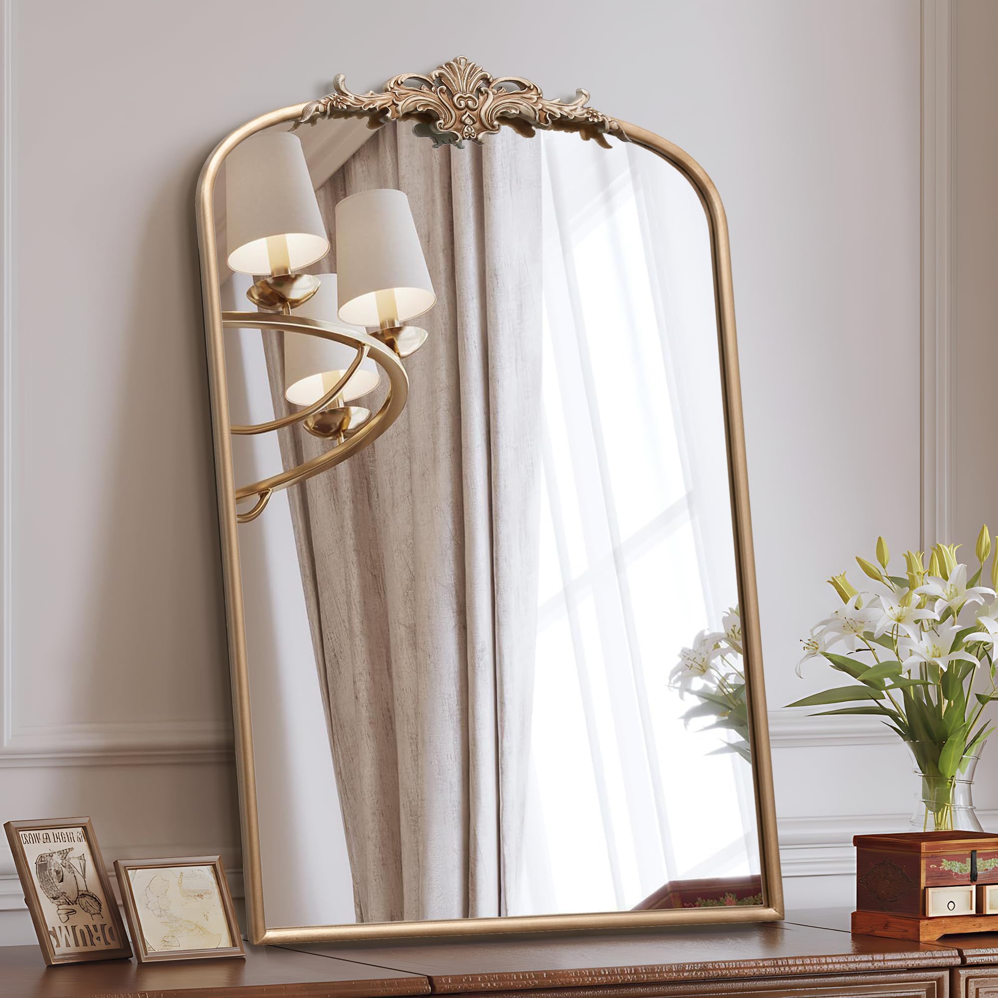 Besdomus Vintage Arched Gold Mirror: 40"x29" French Large Brass Antique Wall Vanity Mirror - Decorative Baroque Traditional Ornate for Entryway/Fireplace/Bathroom/Bedroom - Ideal for Home Renovations