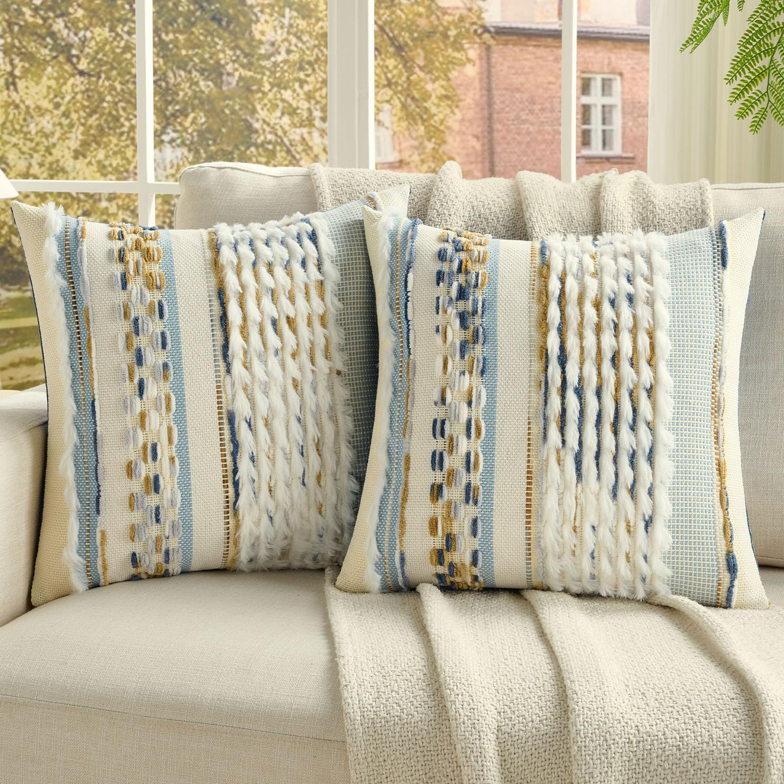 FUTEI Pack of 2 Boho Chenille Decorative Throw Pillow Covers 18x18 Inch Soft Plush Tufted Striped Textured Cushion Case,Farmhouse Accent for Couch Bed Living Room, Grey