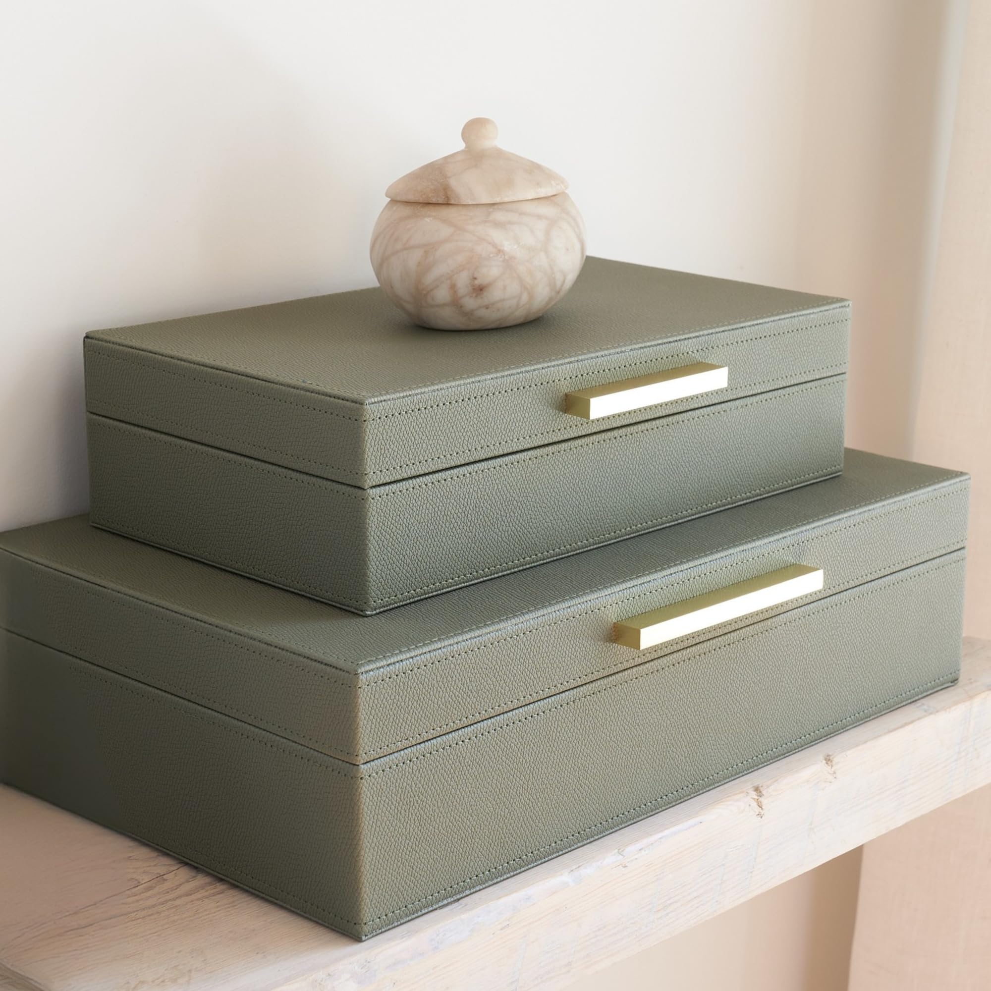 ZICOTO Decorative Storage Boxes with Lids – Set of 2 Beautiful PU Leather Organizer Bins for Your Bookshelf Home Decor - Safely Store Photos, Documents and Memory Box Keepsakes in Style