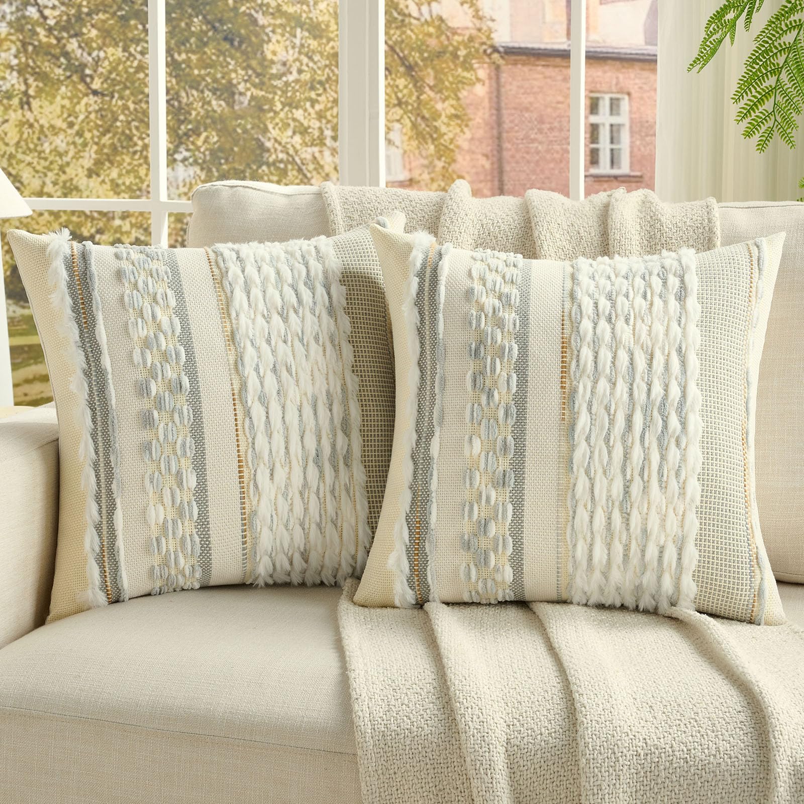 FUTEI Pack of 2 Boho Chenille Decorative Throw Pillow Covers 18x18 Inch Soft Plush Tufted Striped Textured Cushion Case,Farmhouse Accent for Couch Bed Living Room, Grey